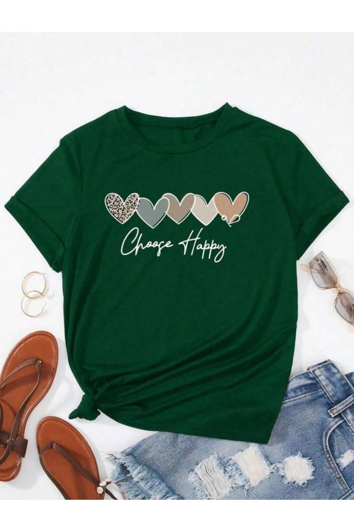 Trend Sizde Unisex Pamuklu Choose Happy Kalp Ön Baskılı Tasarım Tshirt