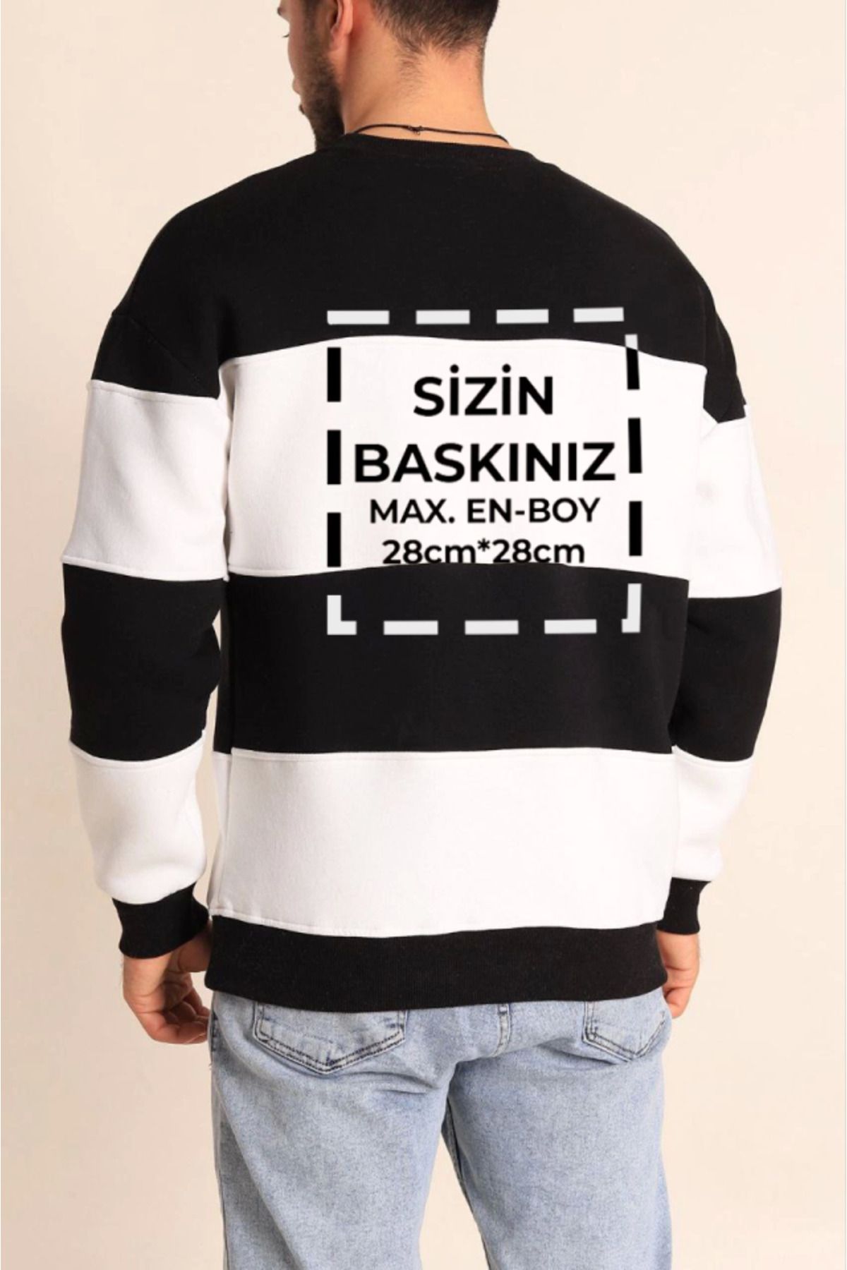 ARUZ MODA Bisiklet Yaka Parçalı Özel Üretim Sweatshirt- Siyah