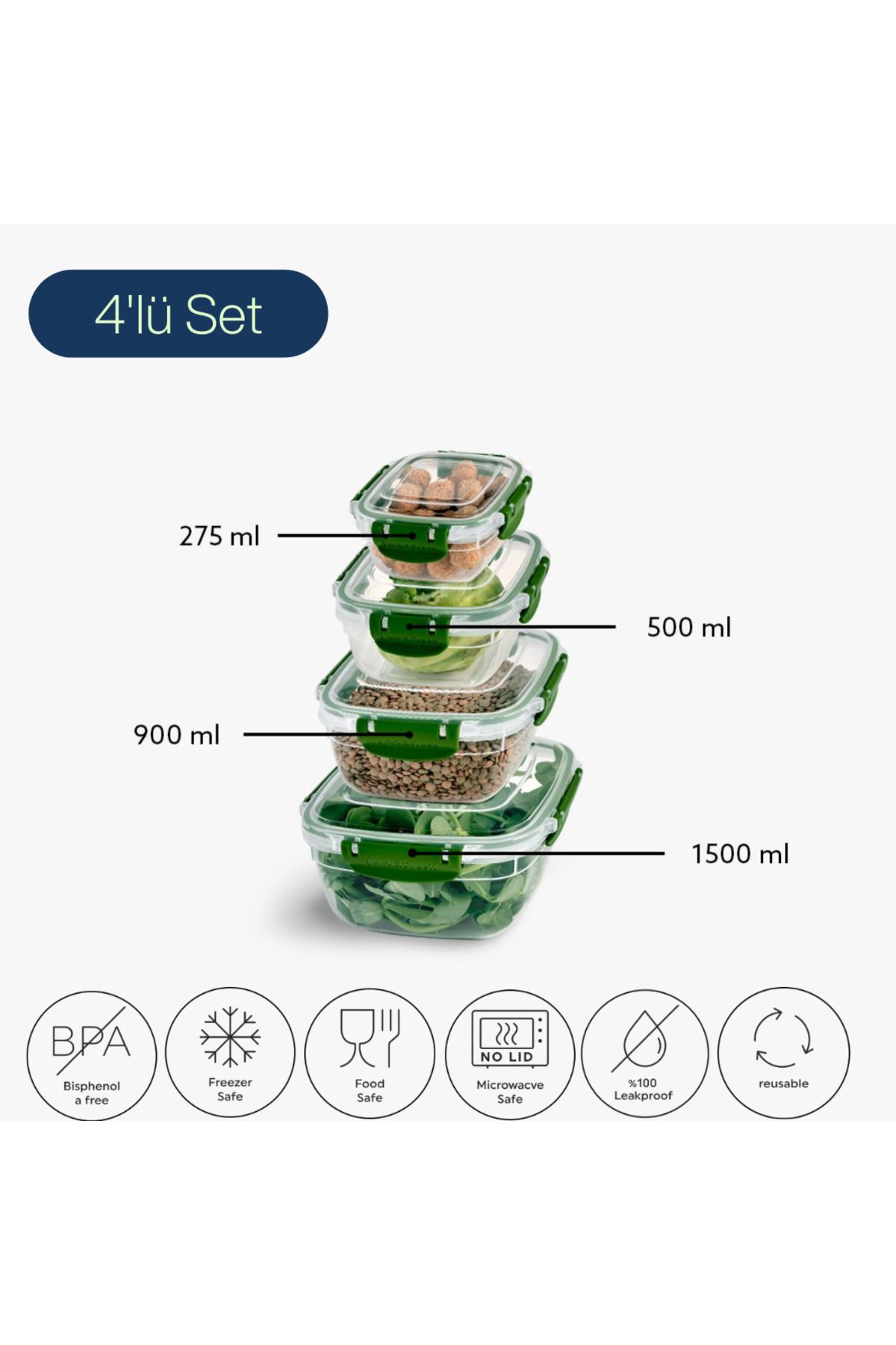 Canbaz Home 5'li Kilitli Kapaklı Saklama Kabı Seti (275-500-900-1500 ml)