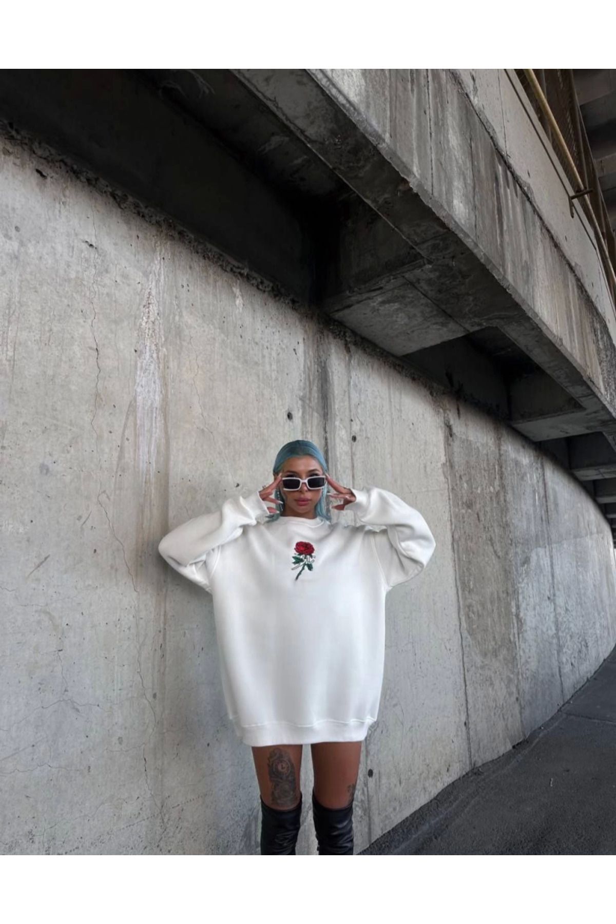ARUZ MODA Oversize Üç İplik Bisiklet Yaka Baskılı SweatShirt - Beyaz