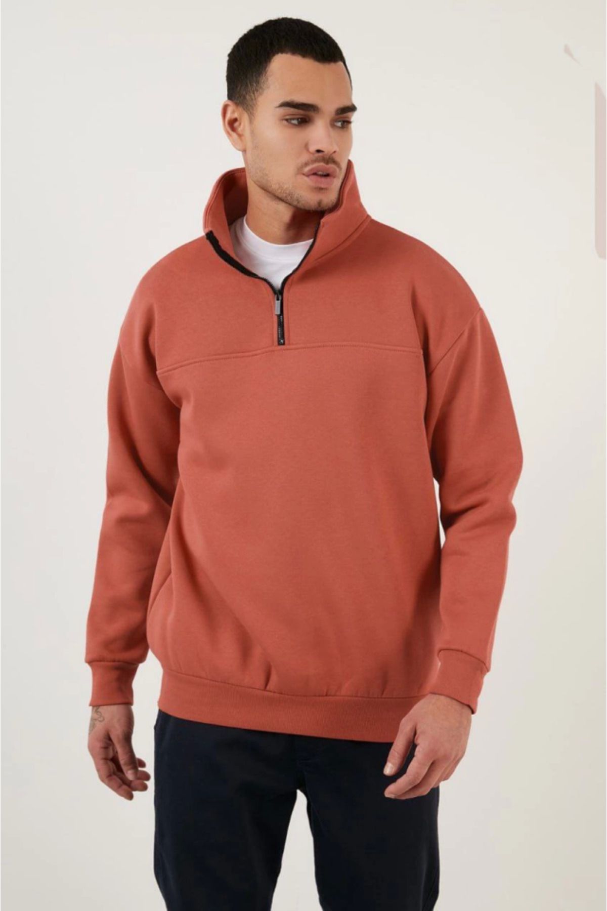 ARUZ MODA Oversize Yarım Farmuarlı Yakalı Basic SweatShirt - Gül Kurusu
