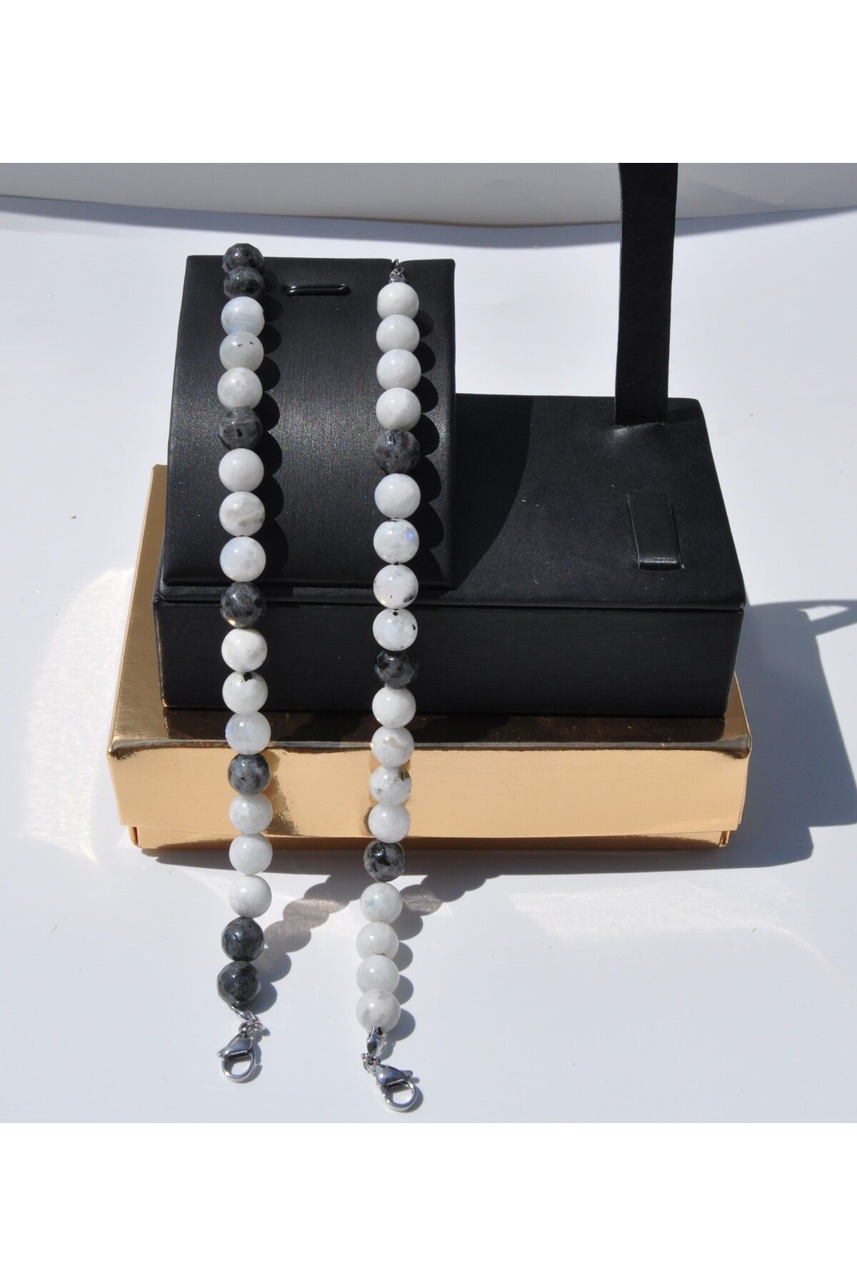 Nilfu Atelier AY TAŞI LARVİKİT DOĞAL TAŞ BİLEKLİK SETİ