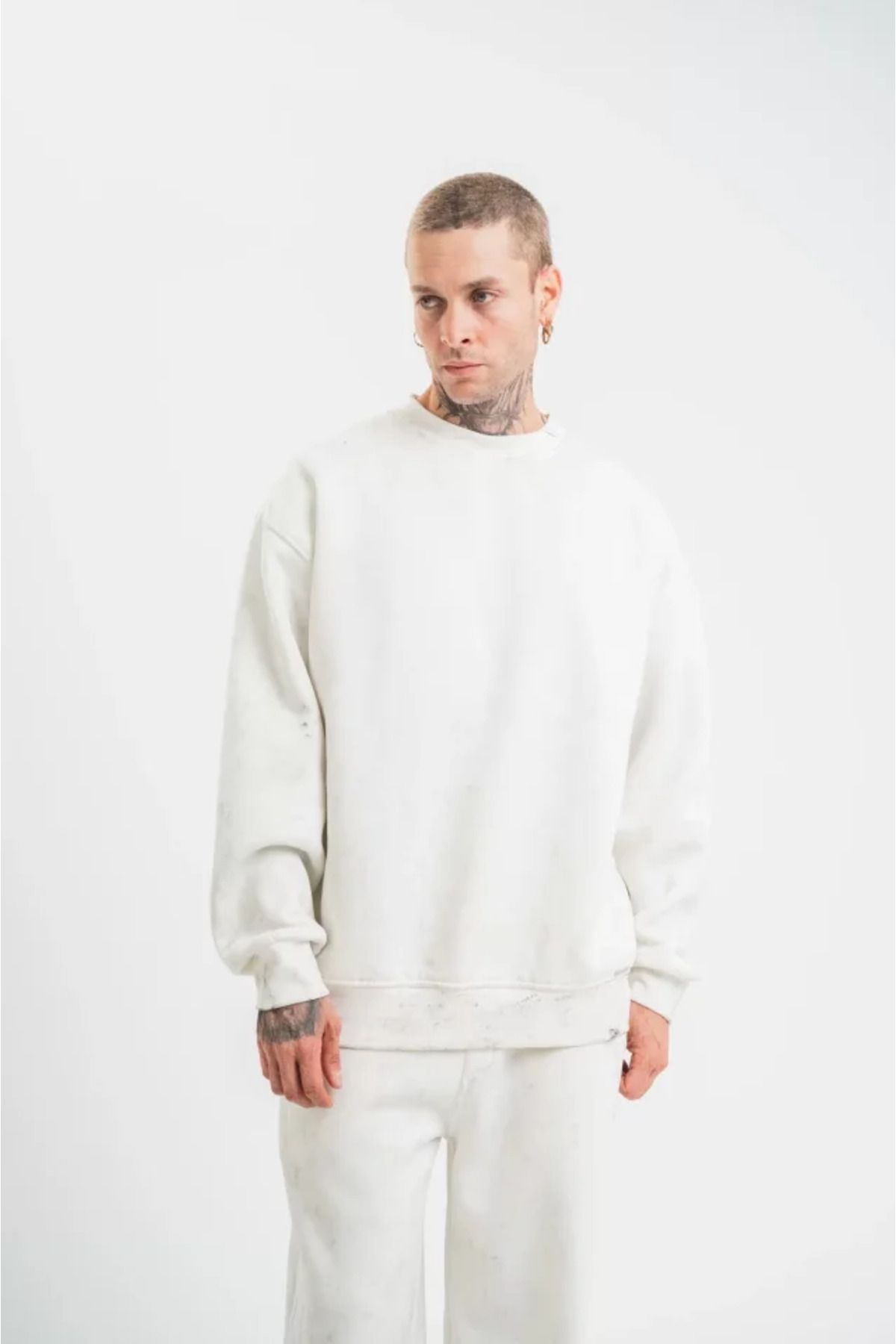 ARUZ MODA Unisex Uzun Kol Bisiklet Yaka Yıkamalı SweatShirt - Beyaz