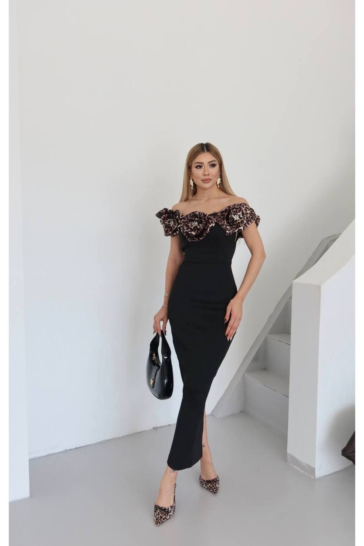 Castivo Fashion Gül Aplikeli Midi Abiye Elbise