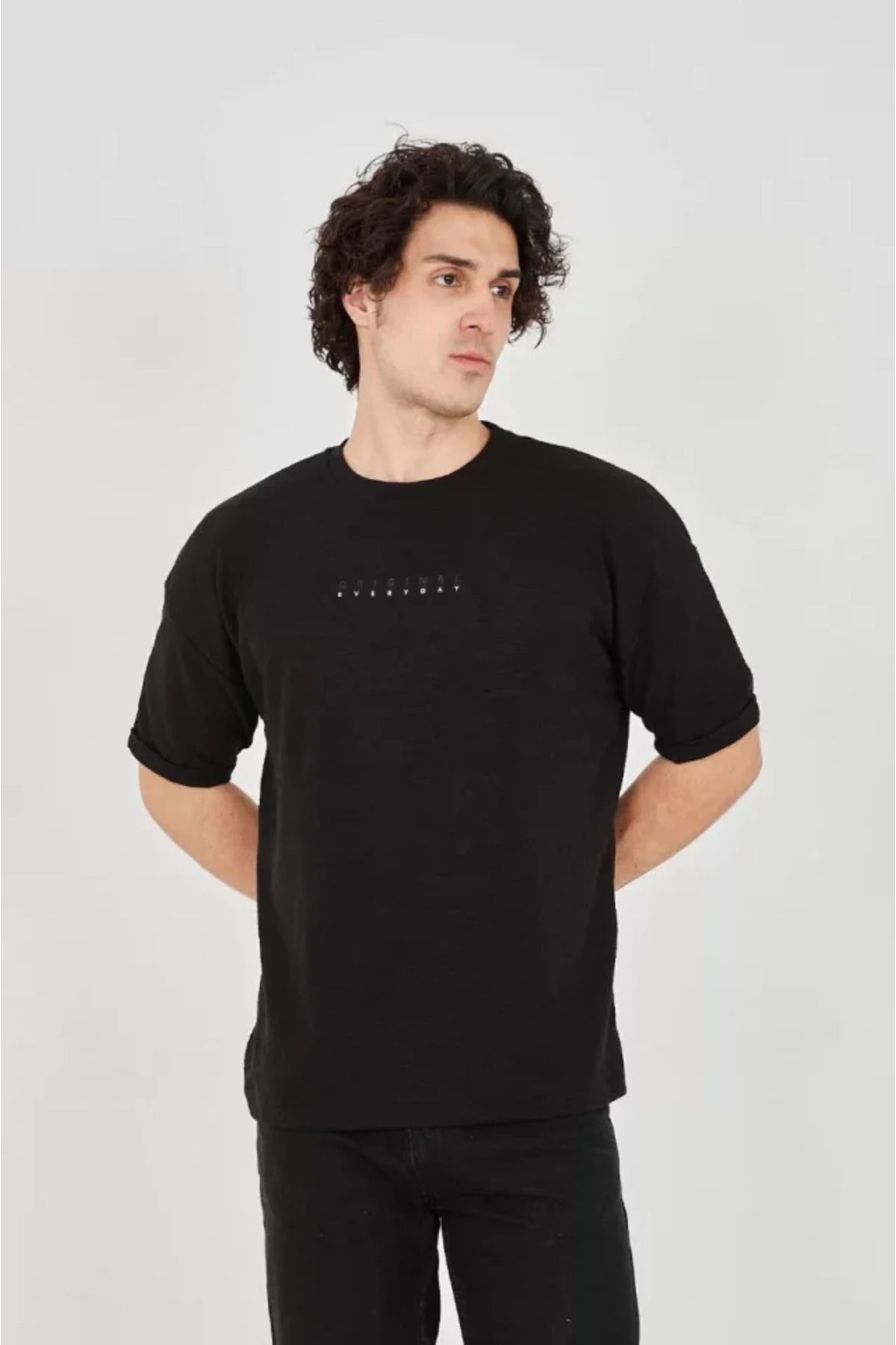 ARUZ MODA Unisex Jakar Kumaş Rahat Kol T-Shirt - Siyah