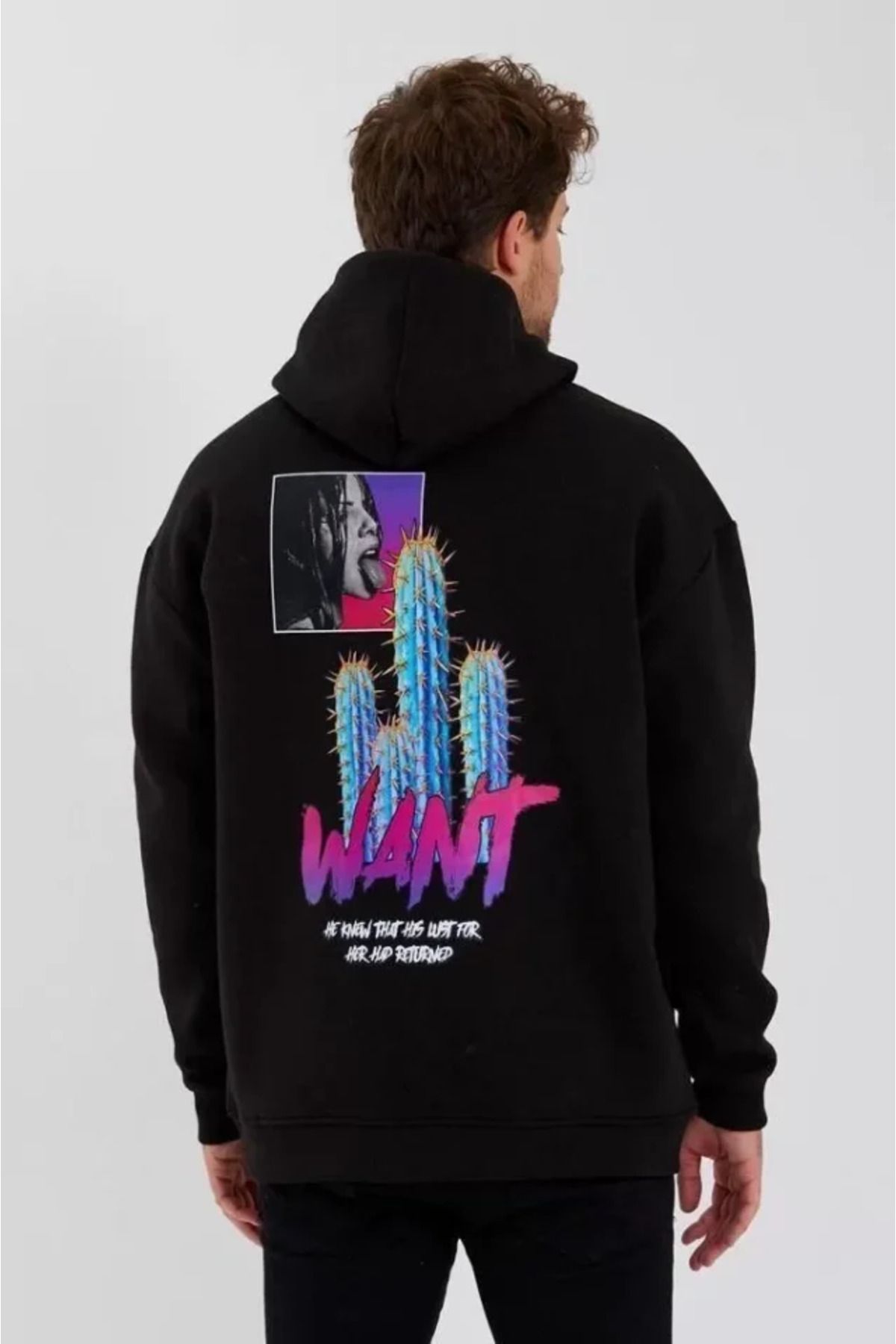 ARUZ MODA Erkek Baskılı Üç İplik Kapüşonlu Oversize Sweatshirt - Siyah
