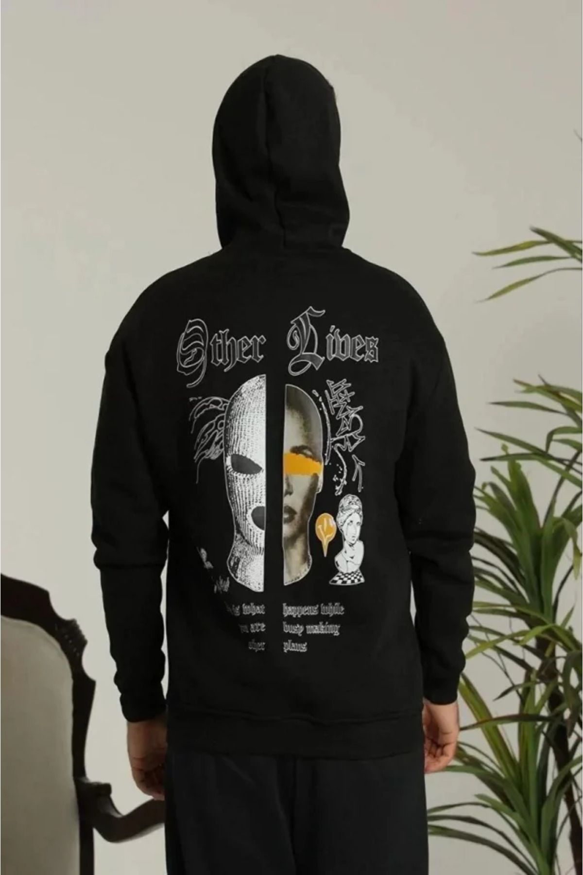 ARUZ MODA Erkek Sırt Baskılı Oversize Üç İplik Kapüşonlu Sweatshirt - Siyah