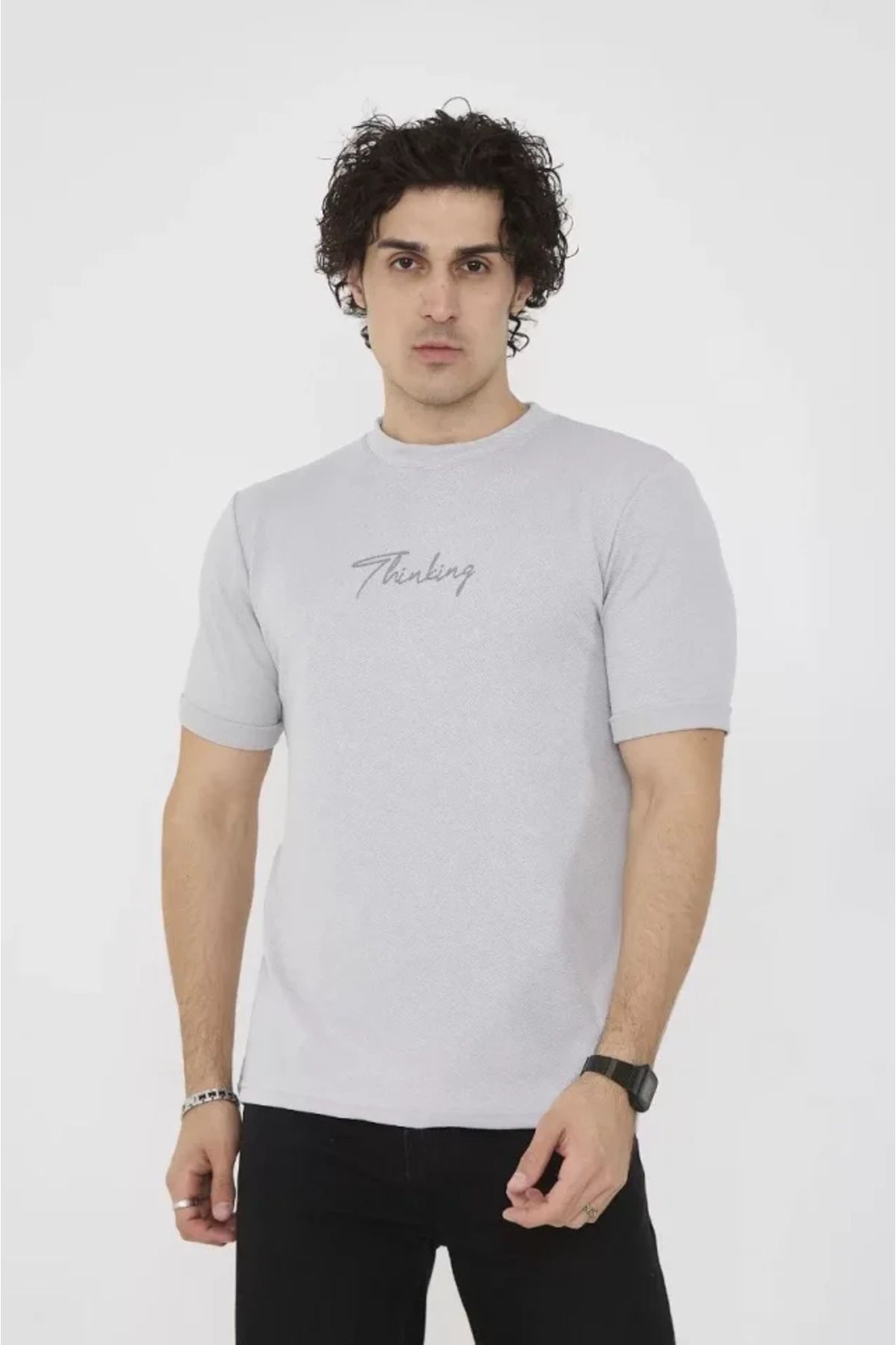 ARUZ MODA Unisex Bisiklet Yaka Slim Fit T-Shirt- Boyalı Gri