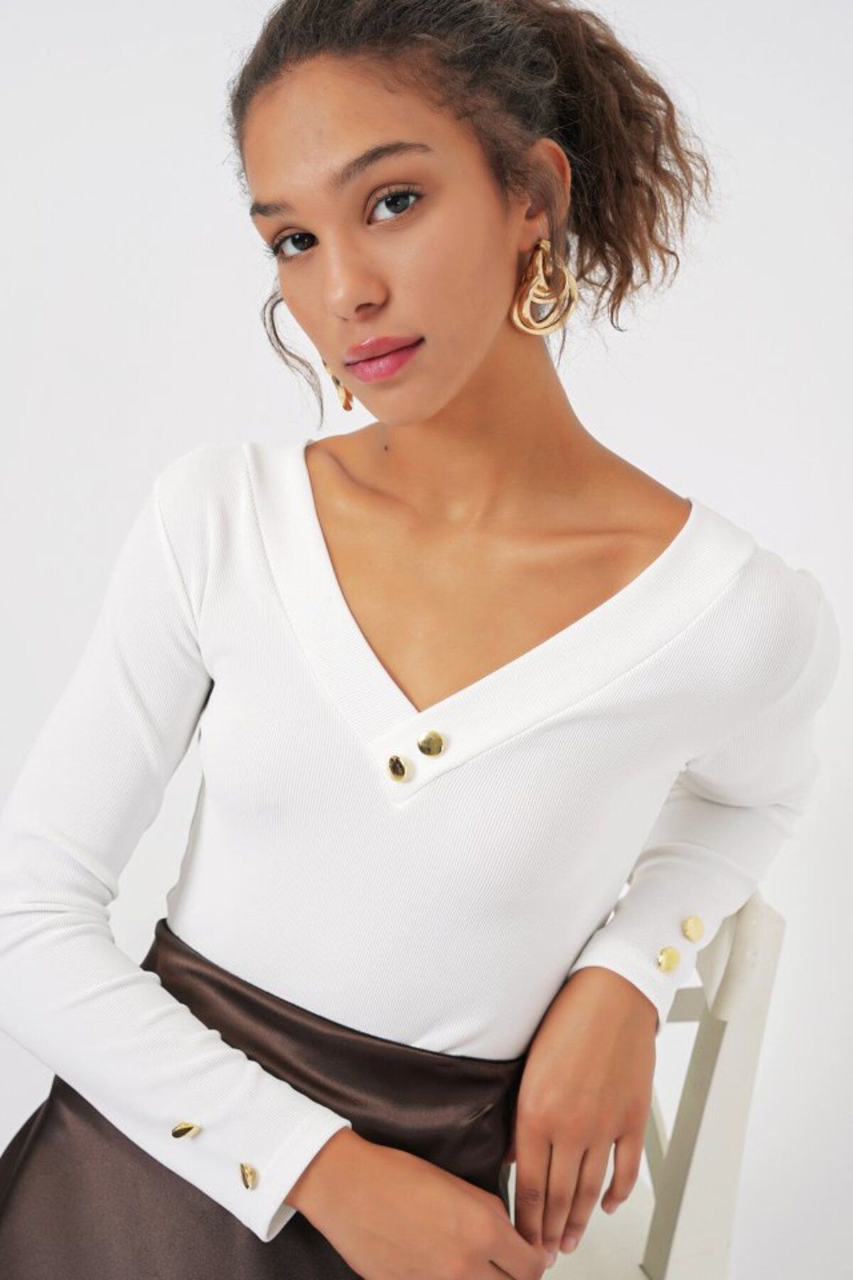 ARUZ MODA 923 Uzun Kollu Body - Beyaz