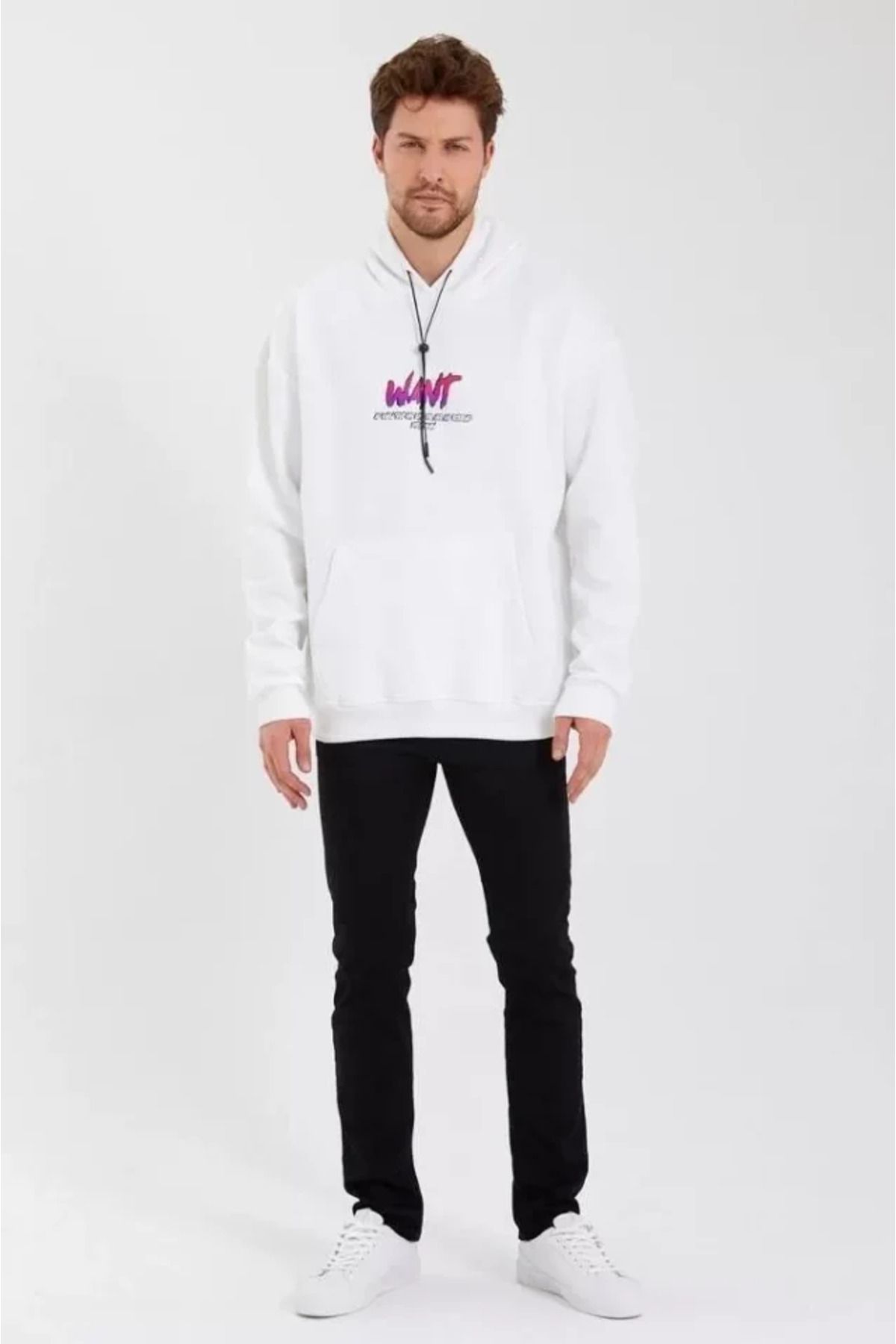 ARUZ MODA Erkek Baskılı Üç İplik Kapüşonlu Oversize Sweatshirt - Beyaz