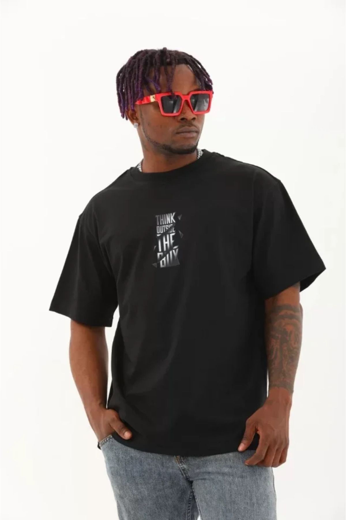 ARUZ MODA Unisex Oversize Baskılı Bisiklet Yaka T-Shirt - Siyah