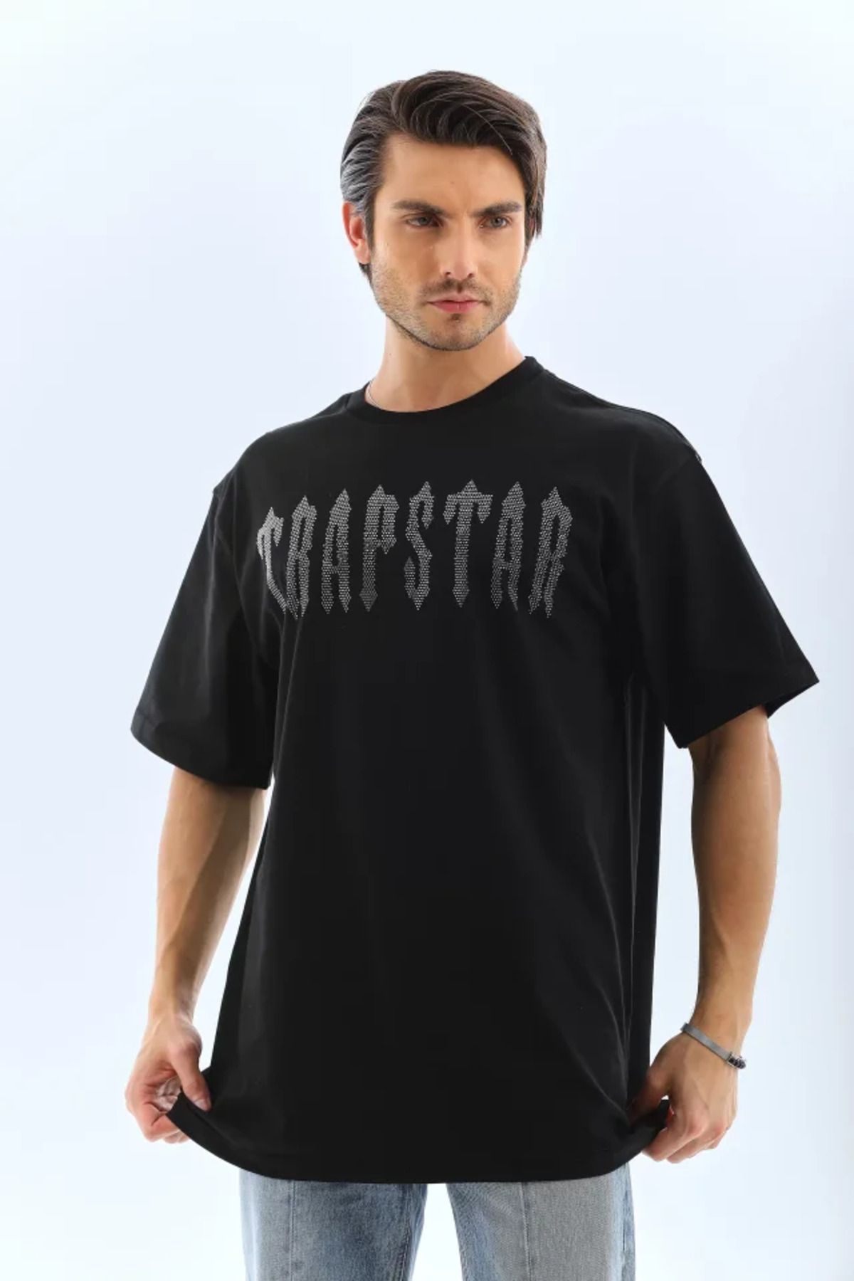 ARUZ MODA Unisex Oversize Taşlı Bisiklet Yaka T-Shirt - Siyah