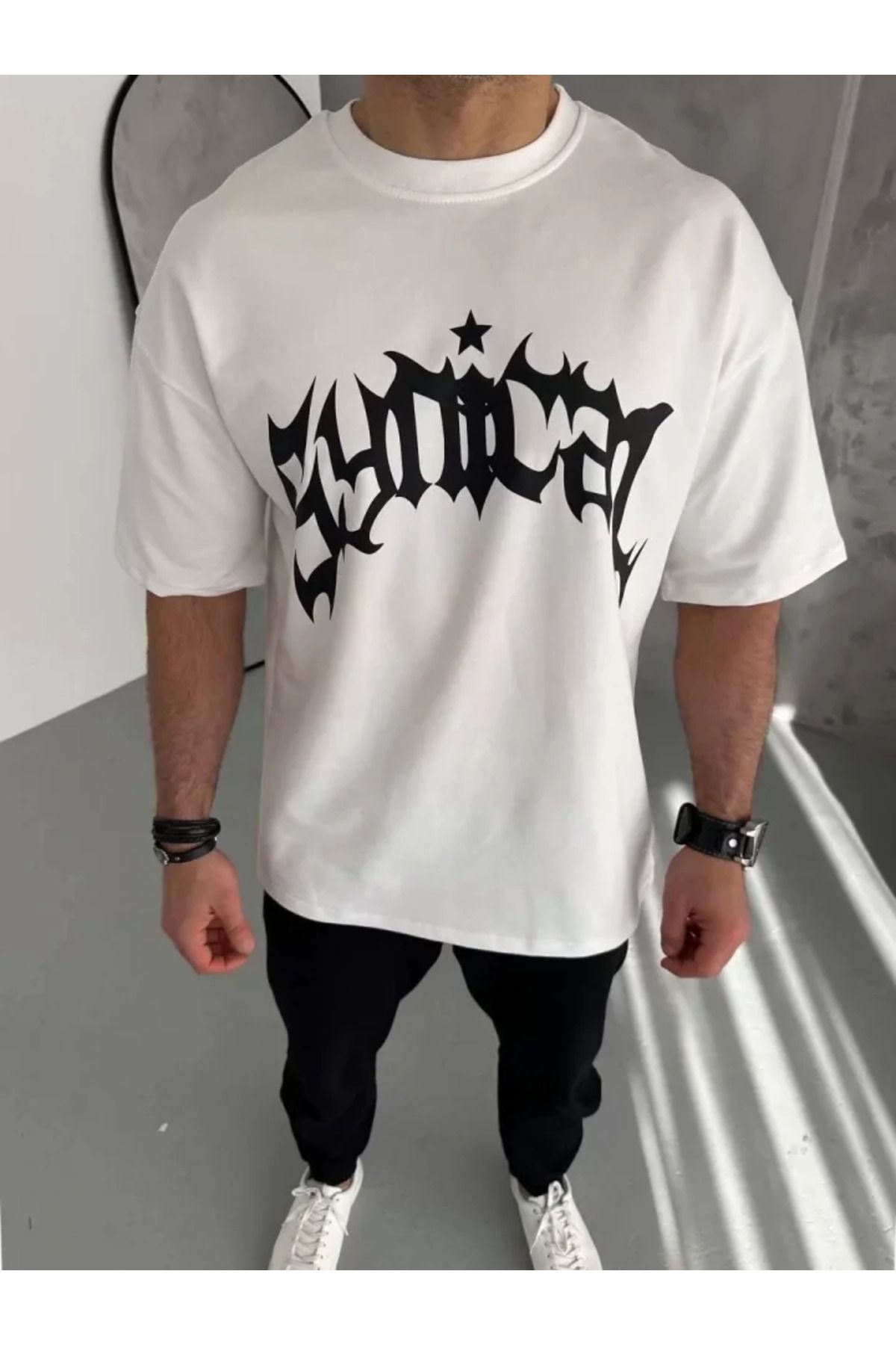 ARUZ MODA Unisex Bisiklet Yaka Baskılı Oversize T-Shirt - Beyaz