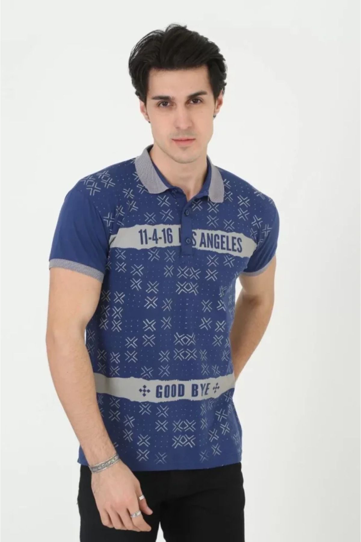 ARUZ MODA Erkek Yakalı Slim Fit Baskılı T-Shirt - Mavi