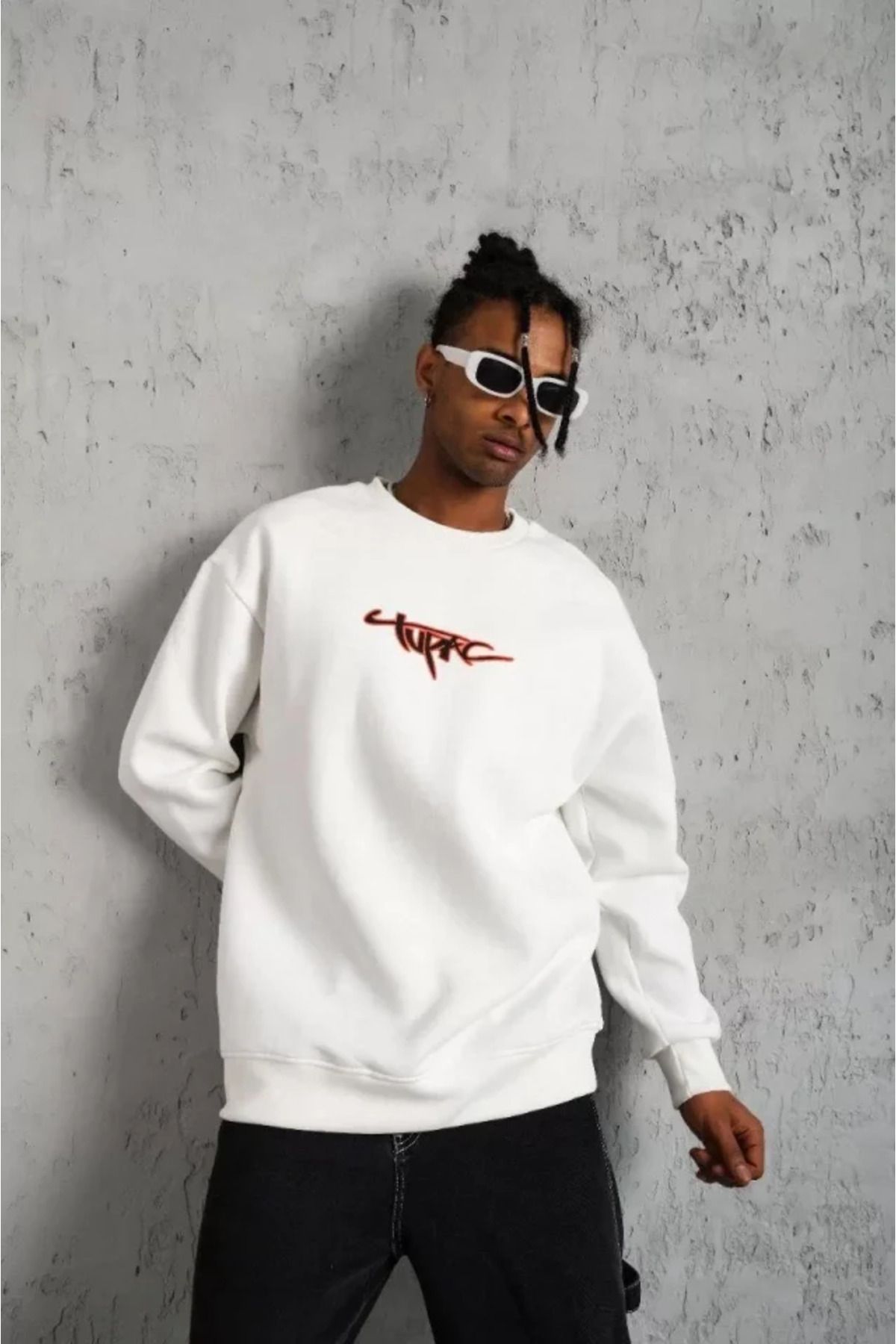 ARUZ MODA Erkek 3 İplik Gangster Baskılı Sweatshirt - Beyaz