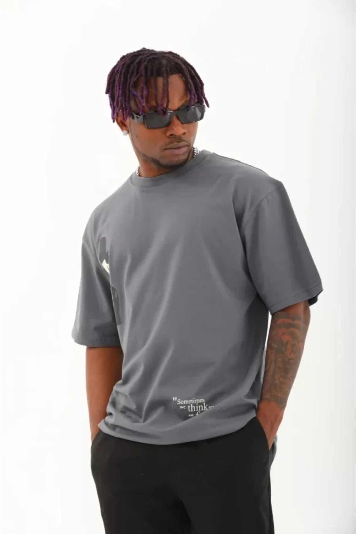 ARUZ MODA Unisex Oversize Baskılı Bisiklet Yaka T-Shirt - Füme