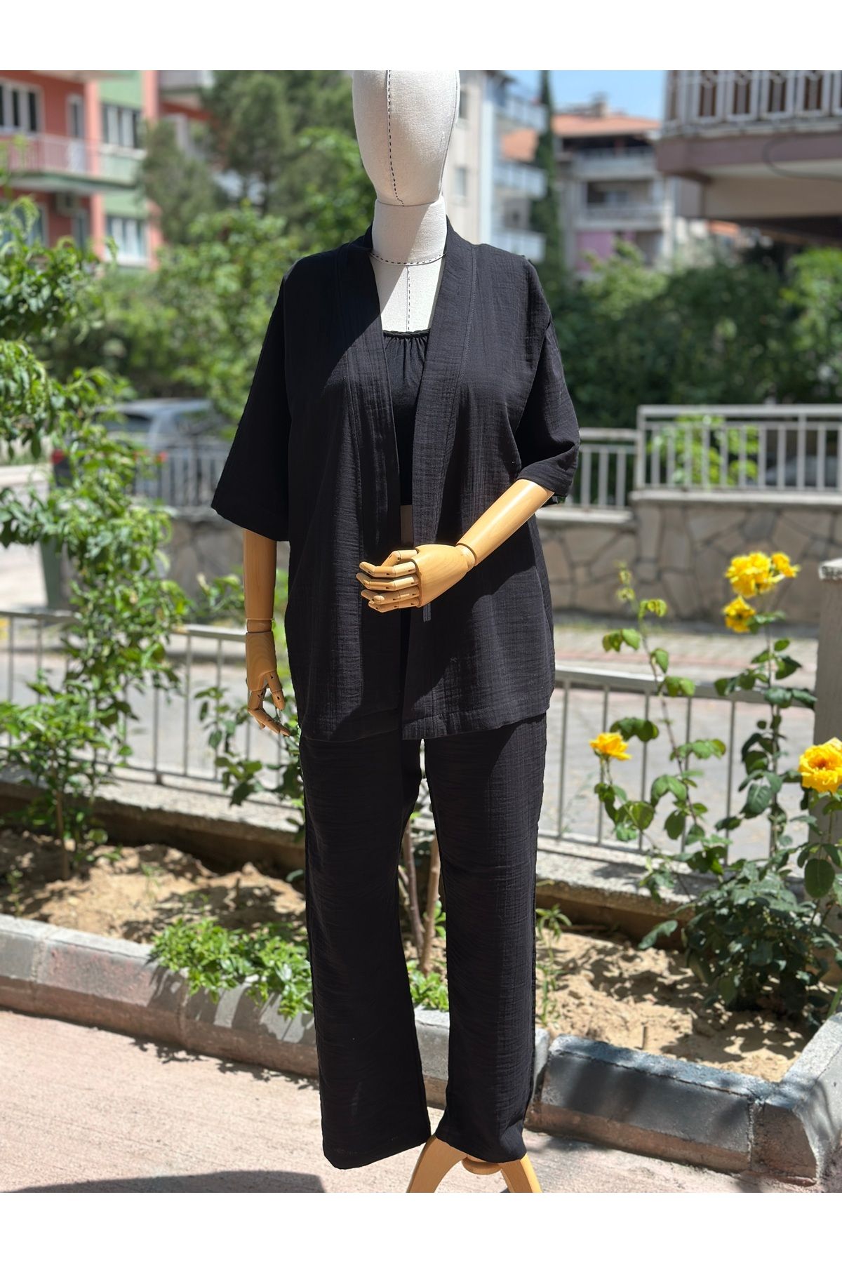 Paseam Atelier 2 Kat Yazlık Müslin Siyah Kısa Kollu İnce Ceket ve Pantolon Takımı