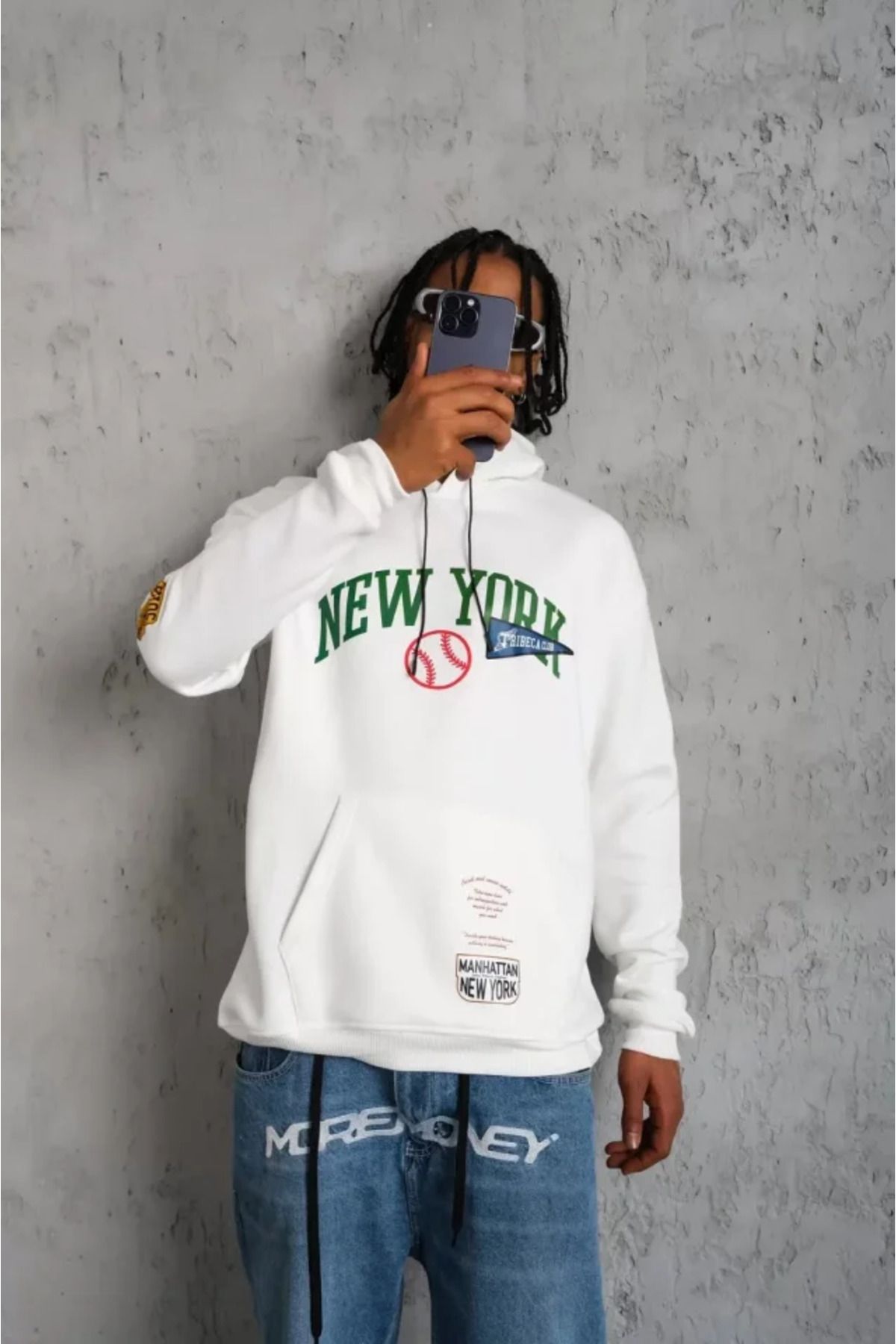 ARUZ MODA Erkek Baskılı Kapüşonlu Sweatshirt - Beyaz
