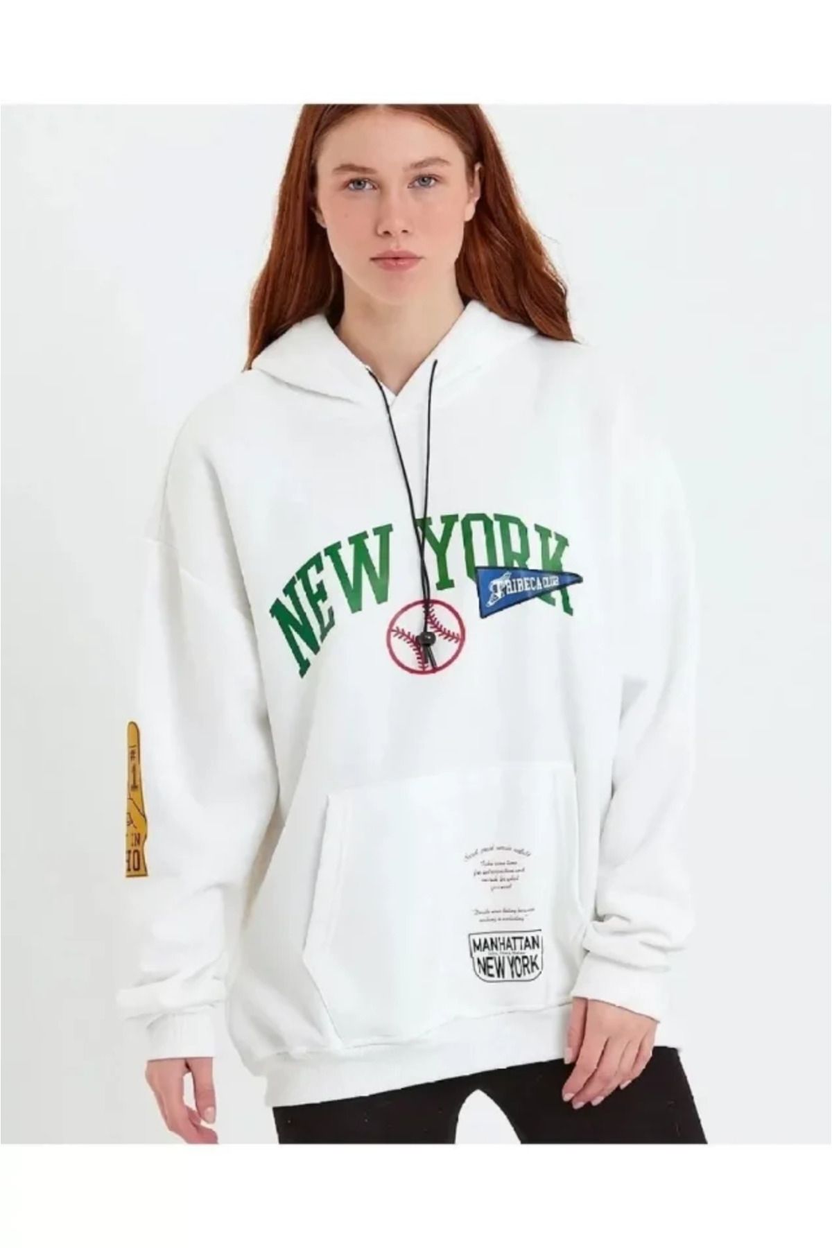 ARUZ MODA Baskılı Kapüşonlu Sweatshirt - Beyaz