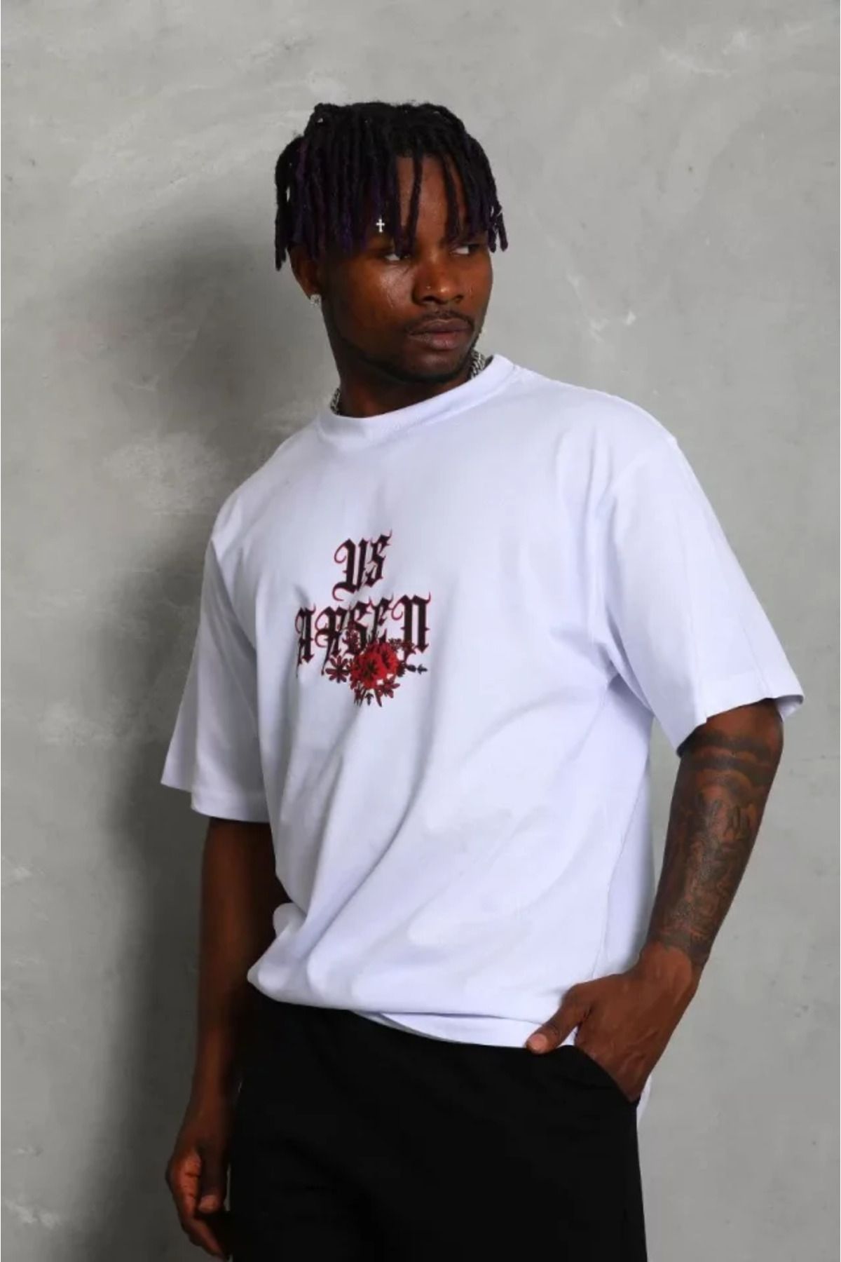 ARUZ MODA Unisex Oversize Baskılı Bisiklet Yaka T-Shirt - Beyaz