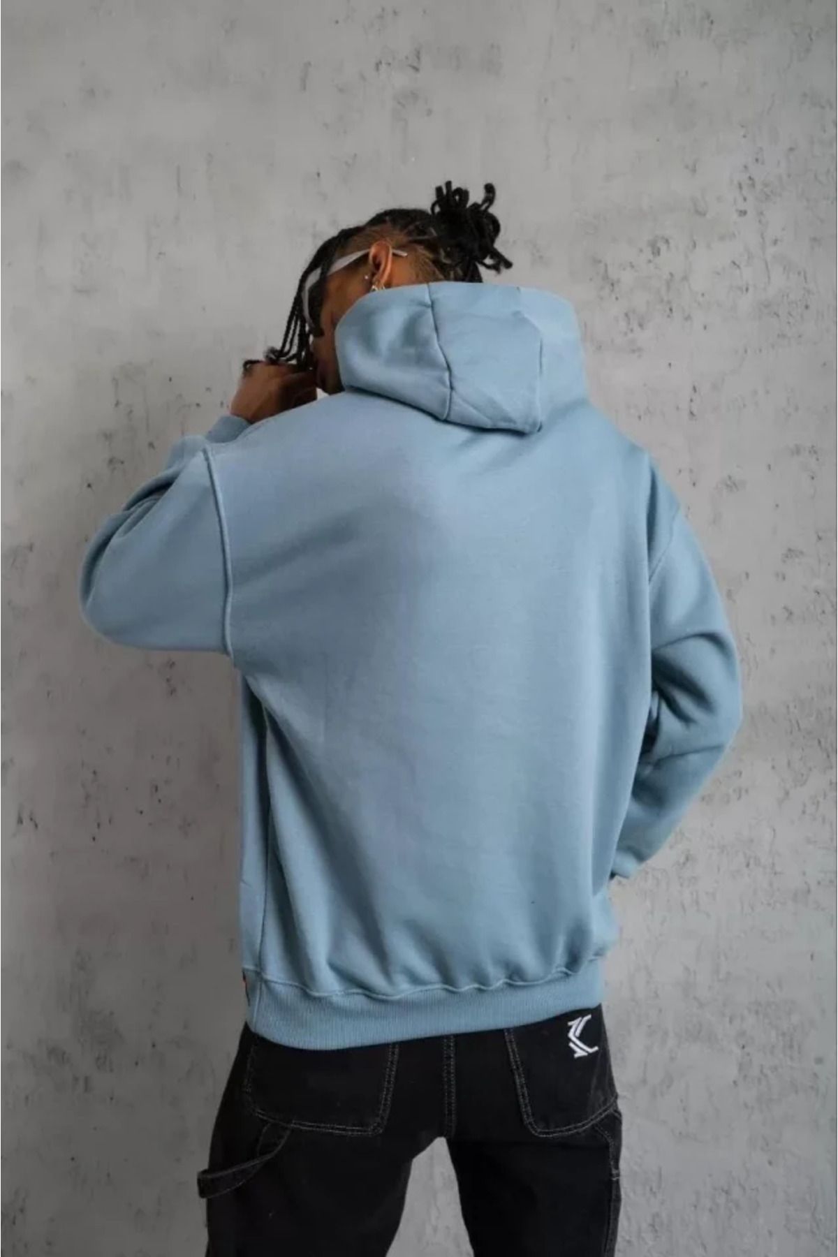 ARUZ MODA Erkek Armalı Baskılı Kapüşonlu Sweatshirt - Mavi