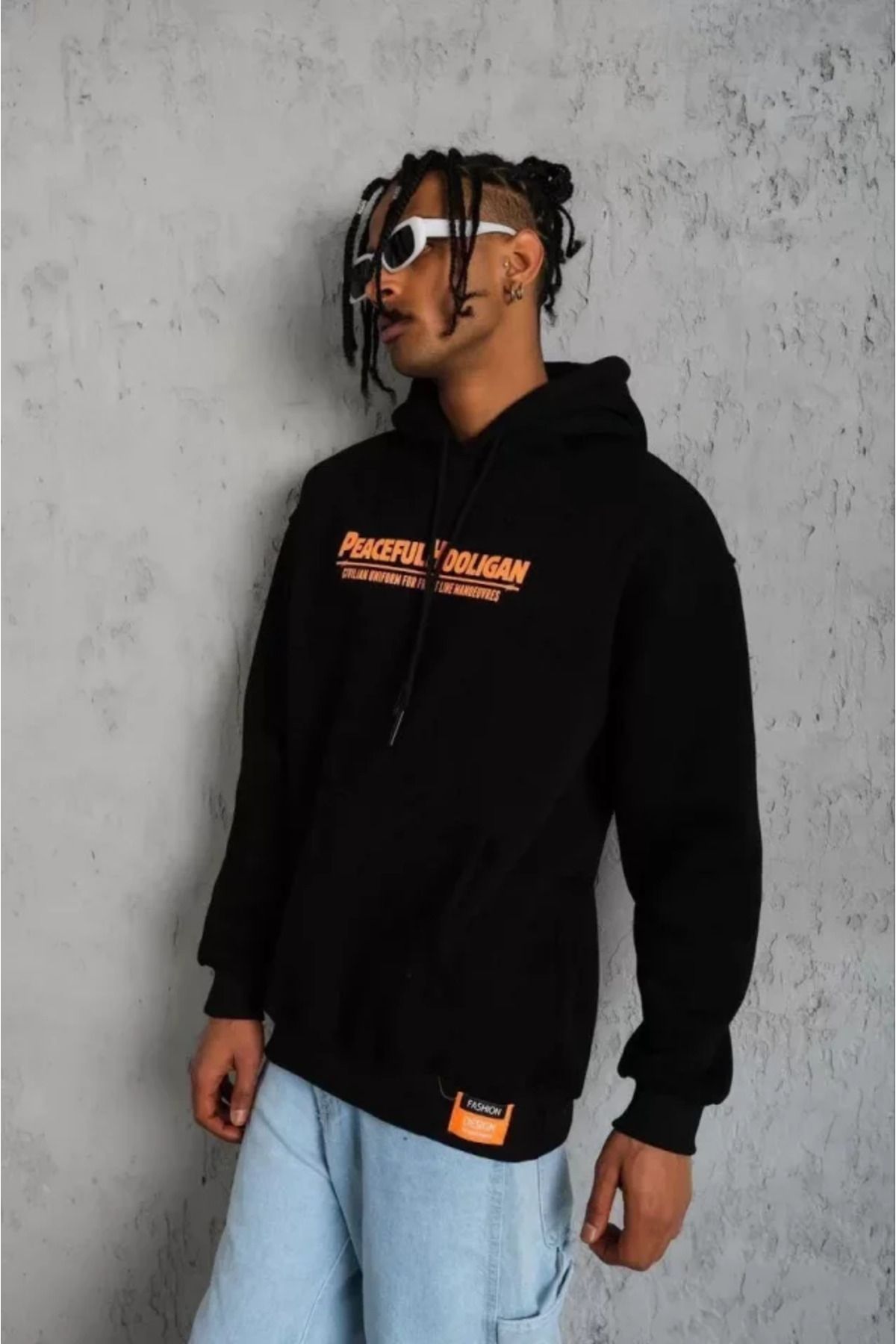 ARUZ MODA Erkek Armalı Baskılı Kapüşonlu Sweatshirt - Siyah