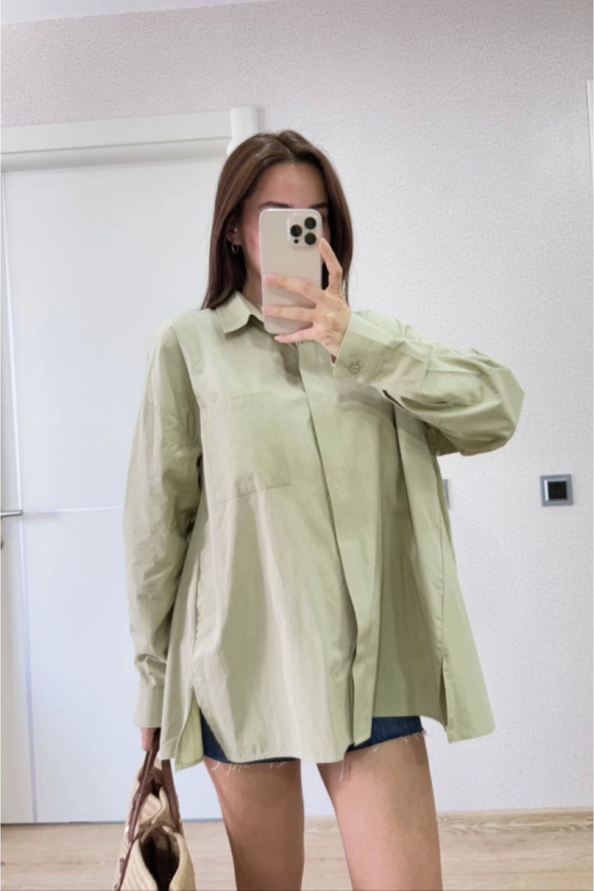 ARUZ MODA Yakalı Yandan Yırtmaçlı Gömlek - Yeşil