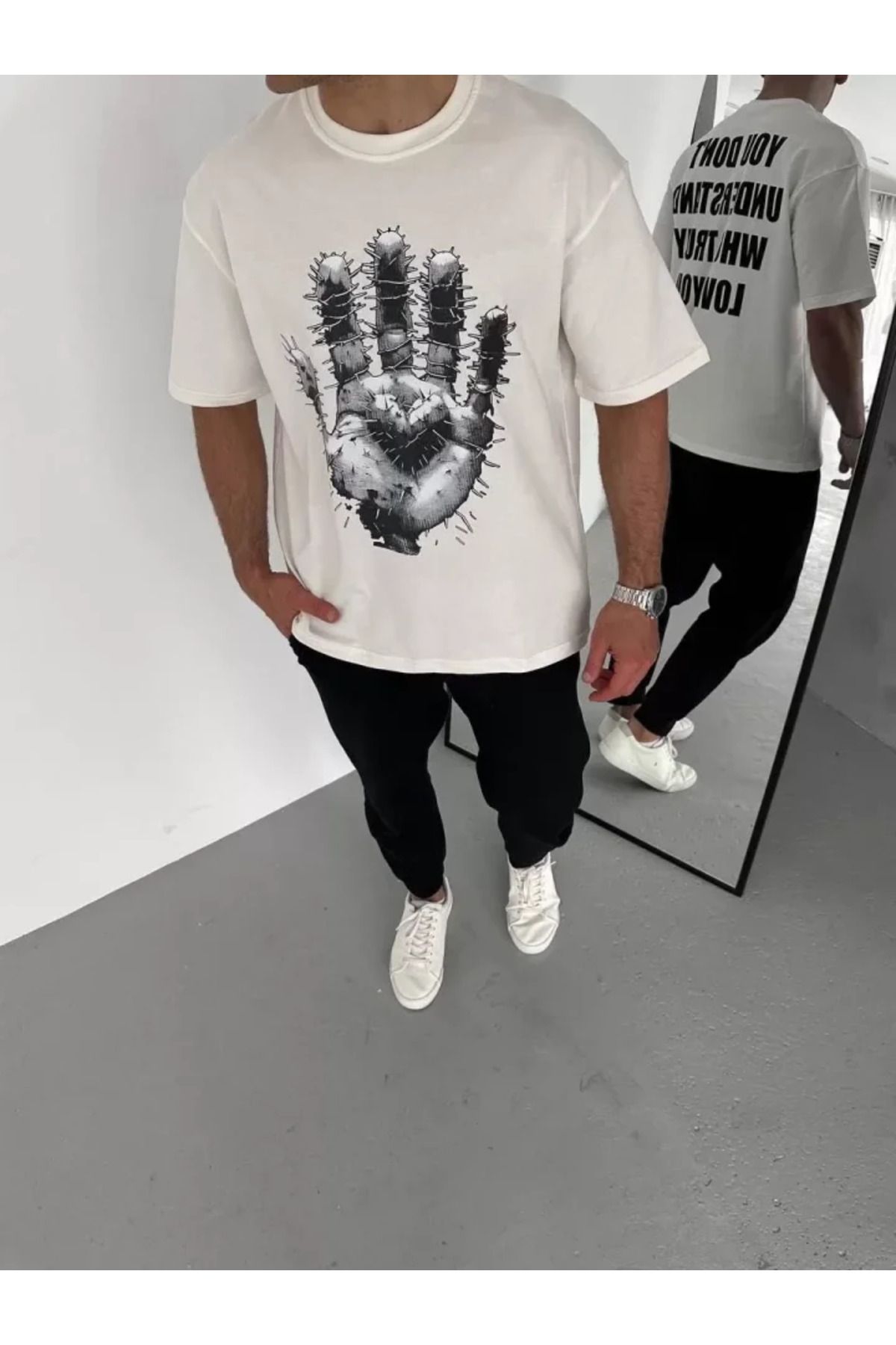 ARUZ MODA Unisex Bisiklet Yaka Baskılı Oversize T-Shirt - Beyaz