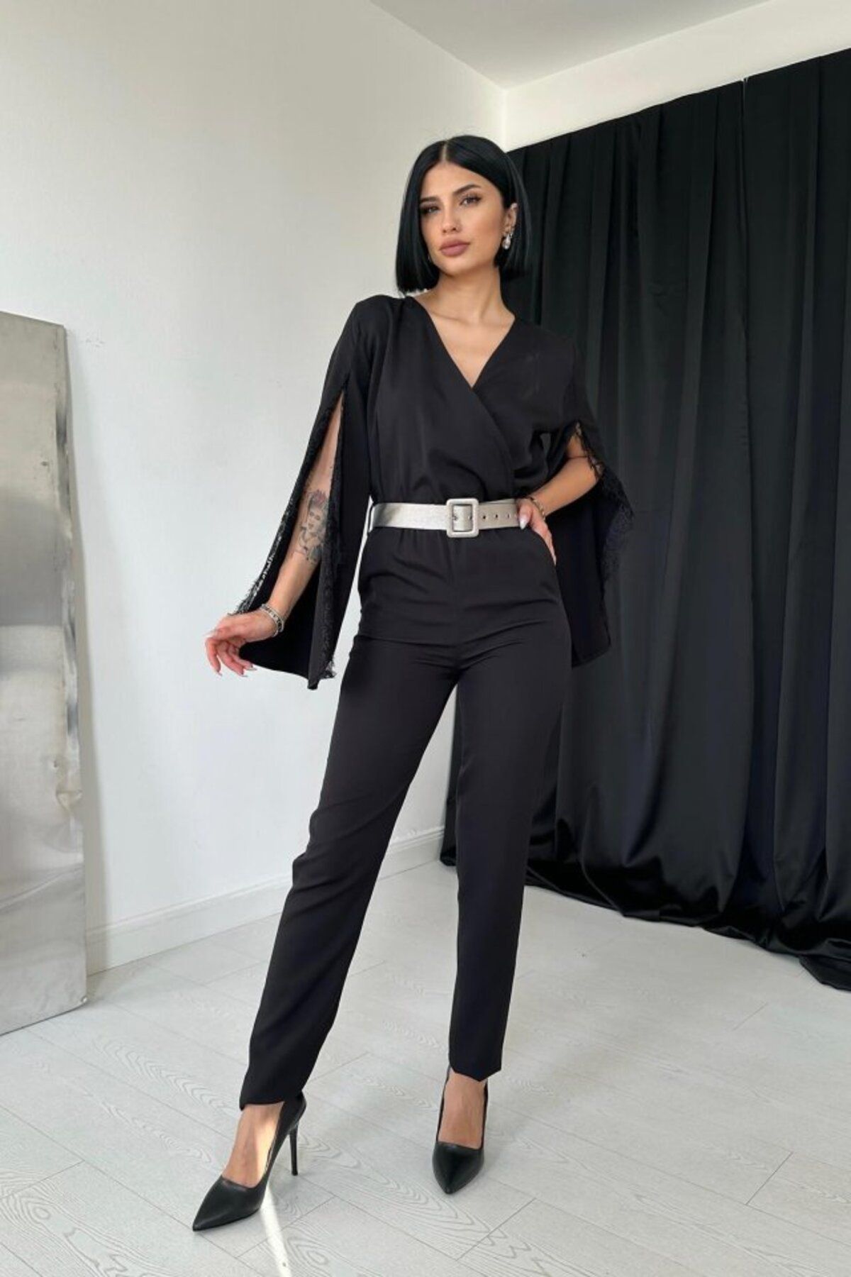 ARUZ MODA Siyah Yırtmaçlı Tulum