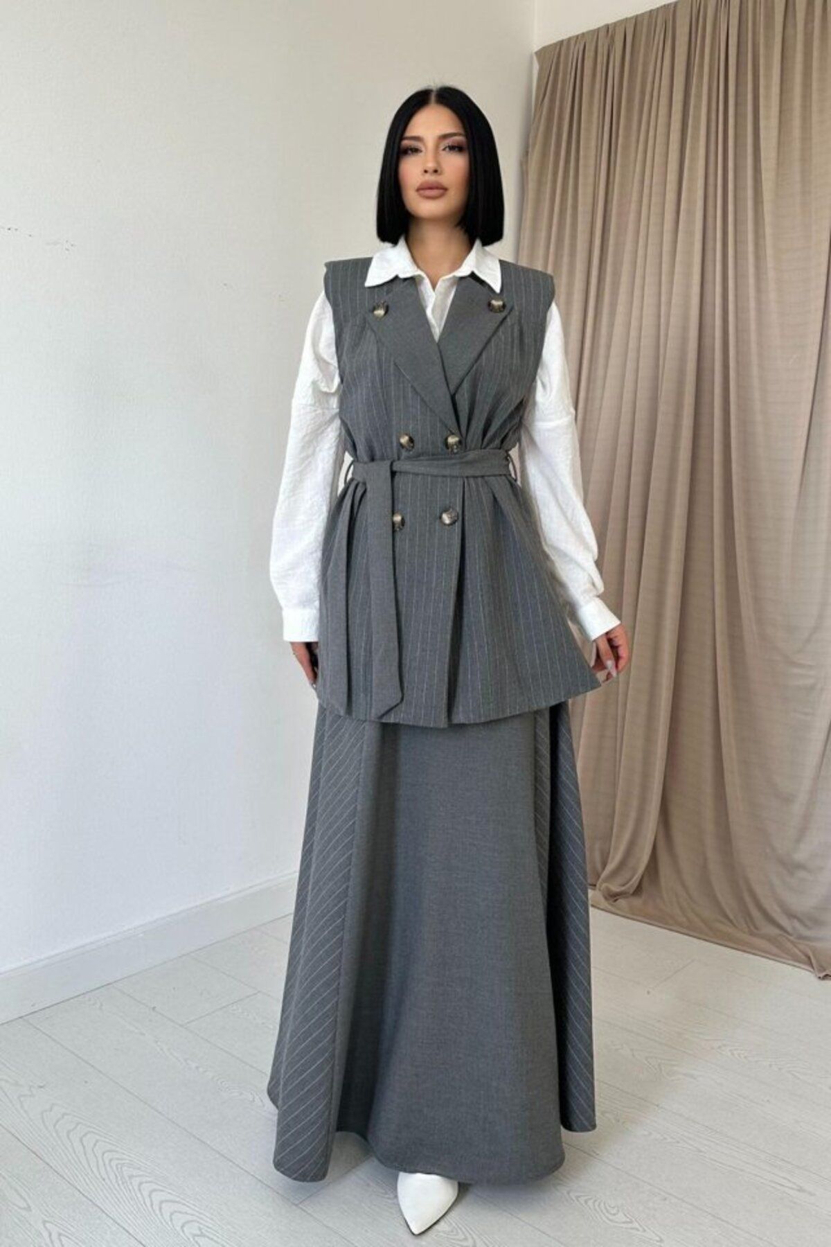 ARUZ MODA Gri Çizgili Uzun Çizgili Yelek Ve Etek Takım