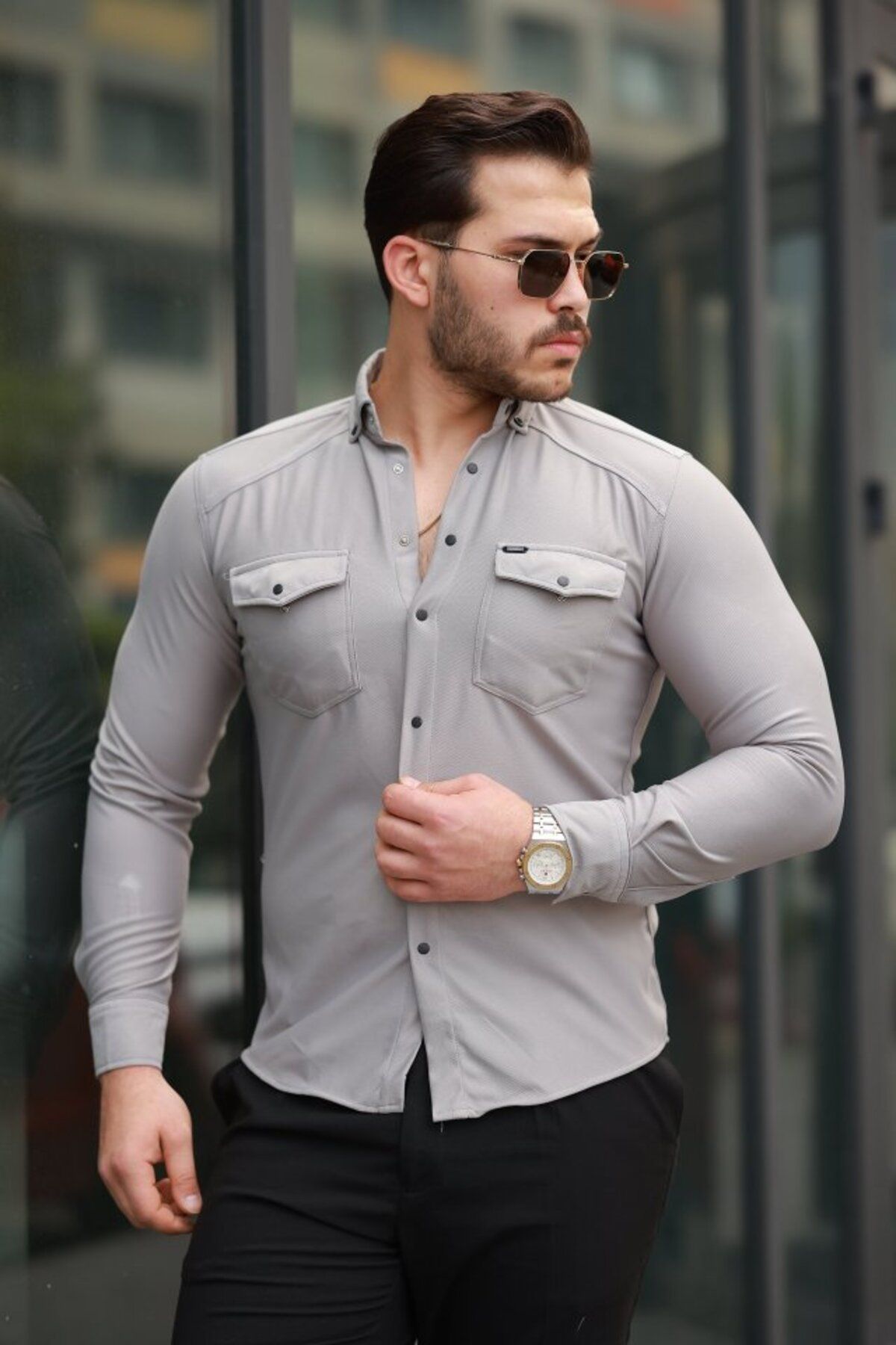 ARUZ MODA Erkek çift Cepli çıtçıt Düğmeli Uzun Kollu Gömlek