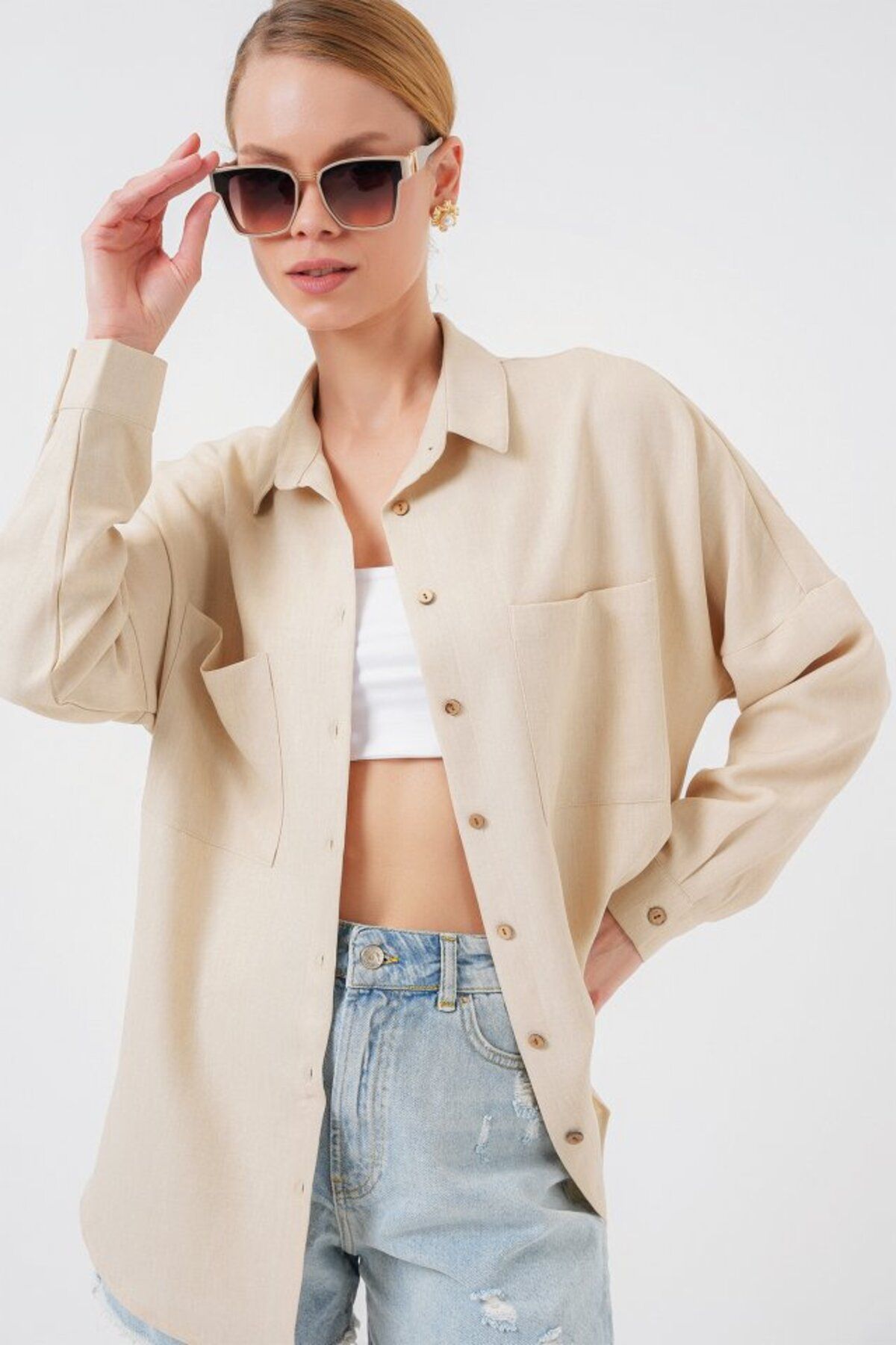 ARUZ MODA 20126 Oversize Keten Gömlek - Bej