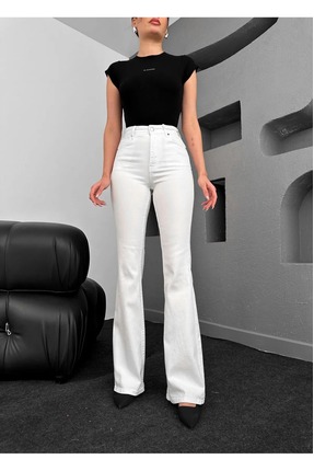 SANTA BELLA Dodge Beyaz Ispanyol Paça Yüksek Bel Jean Flare Kadın Solmaz Powe...