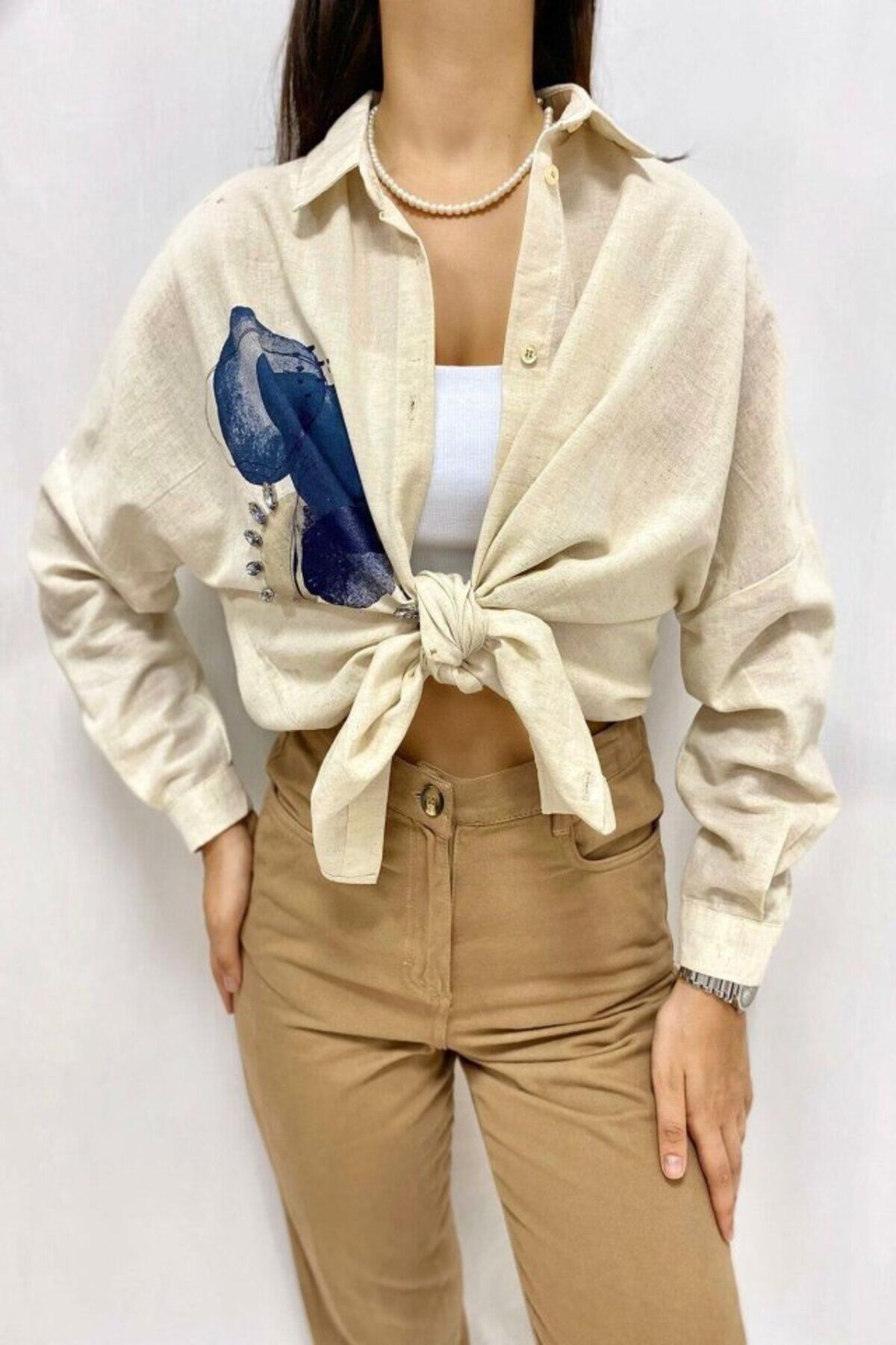 ARUZ MODA Bej Taş İşlemeli Keten Gömlek