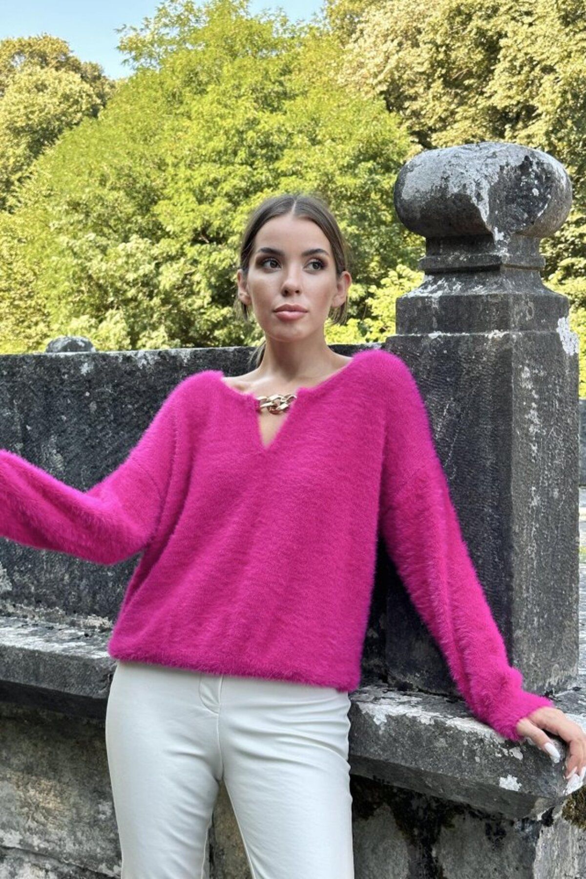 ARUZ MODA Fuşya Yakası Zincirli Triko Kazak