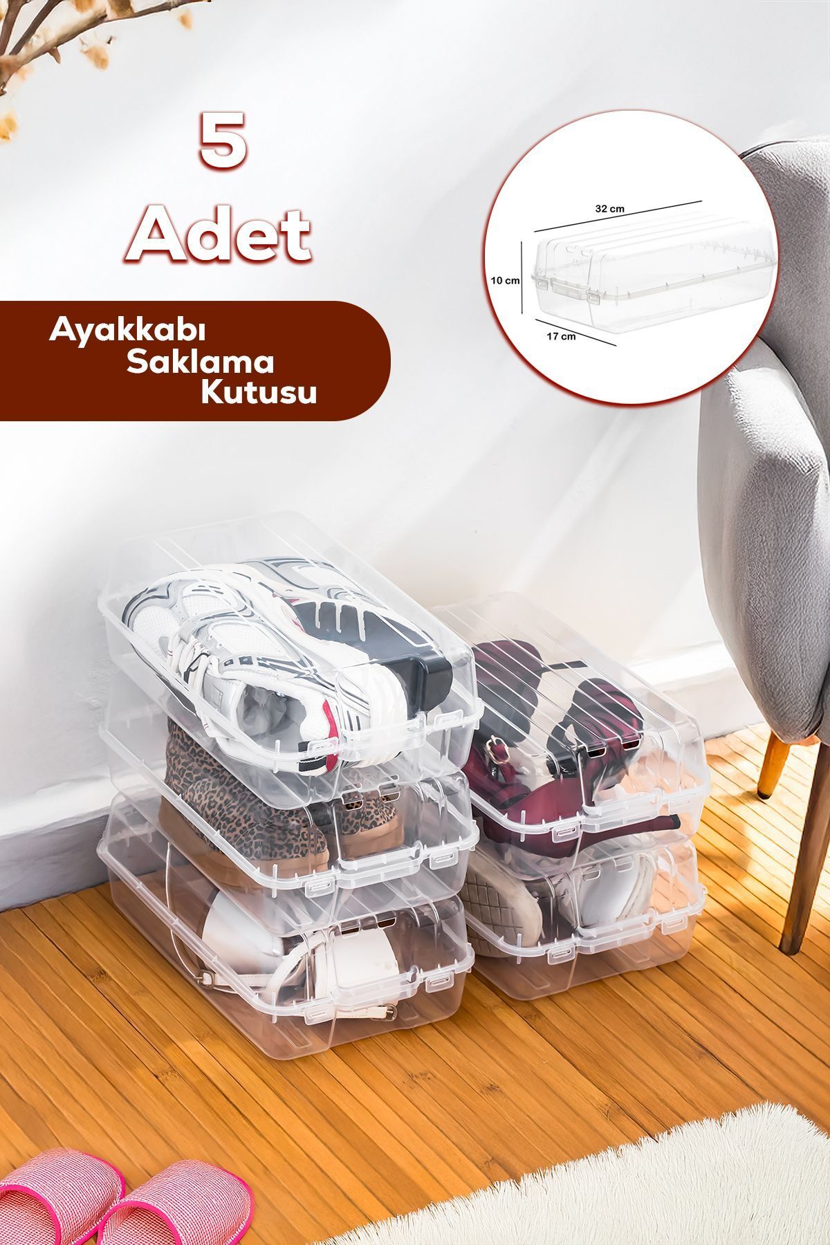 teknotrust 3196 5li Kadın ve Çocuk Ayakkabı Saklama Kutusu-Şeffaf Pratik Ayakkabı Kabı Düzenleyici Saklama Set