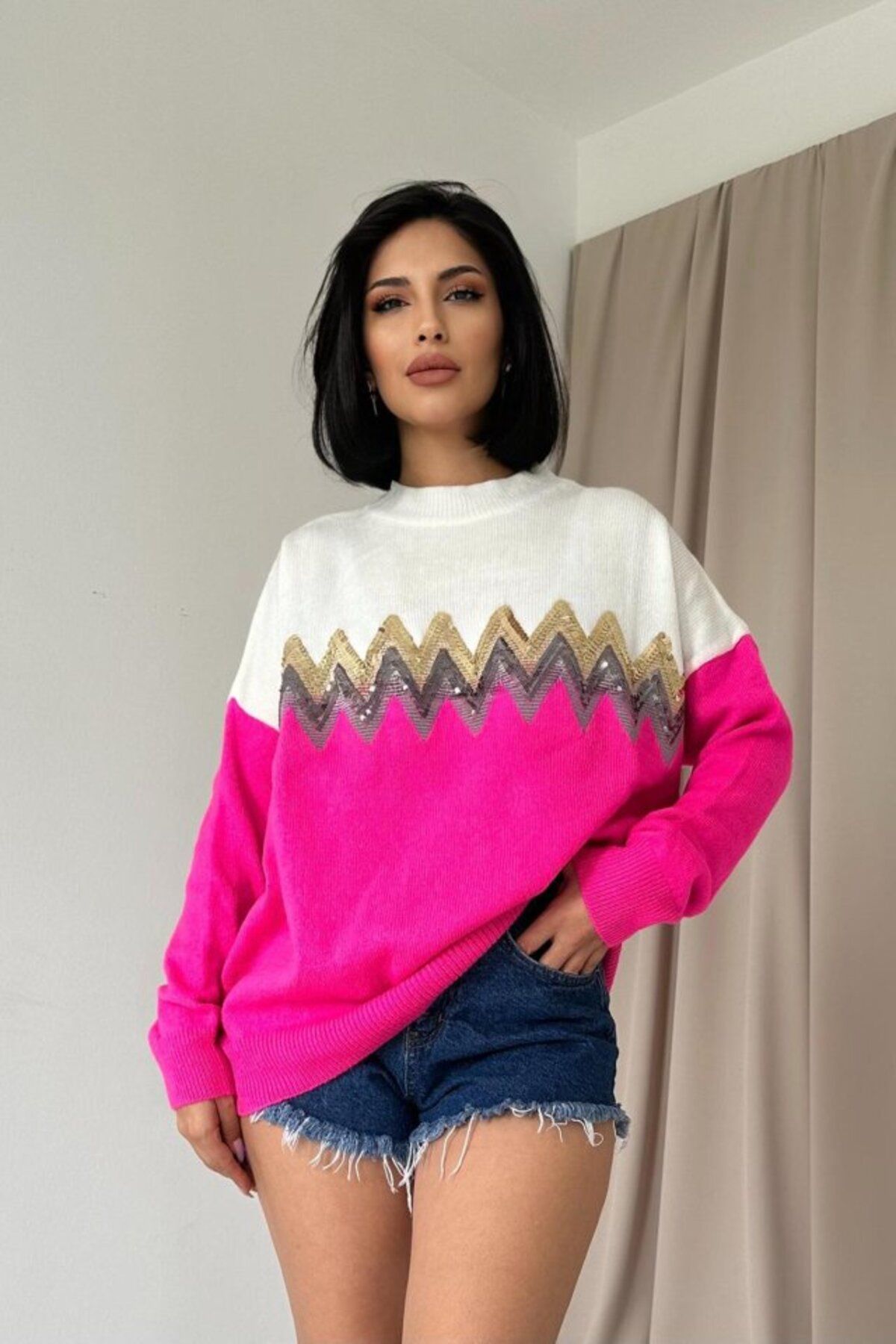 ARUZ MODA Fuşya Zikzak Desenli Triko Kazak