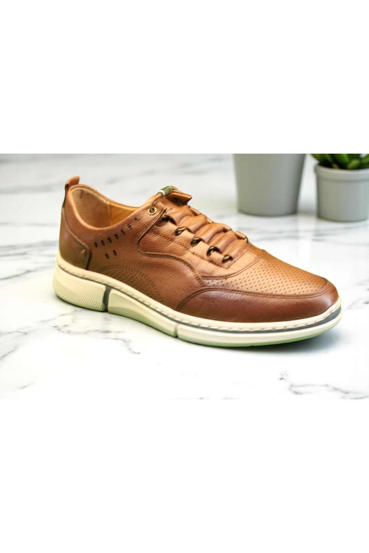 Philia Shoes Taba Hakiki Deri Erkek Günlük Ayakkabı | Delikli Yazlık Tasarım – Ortopedik Taban