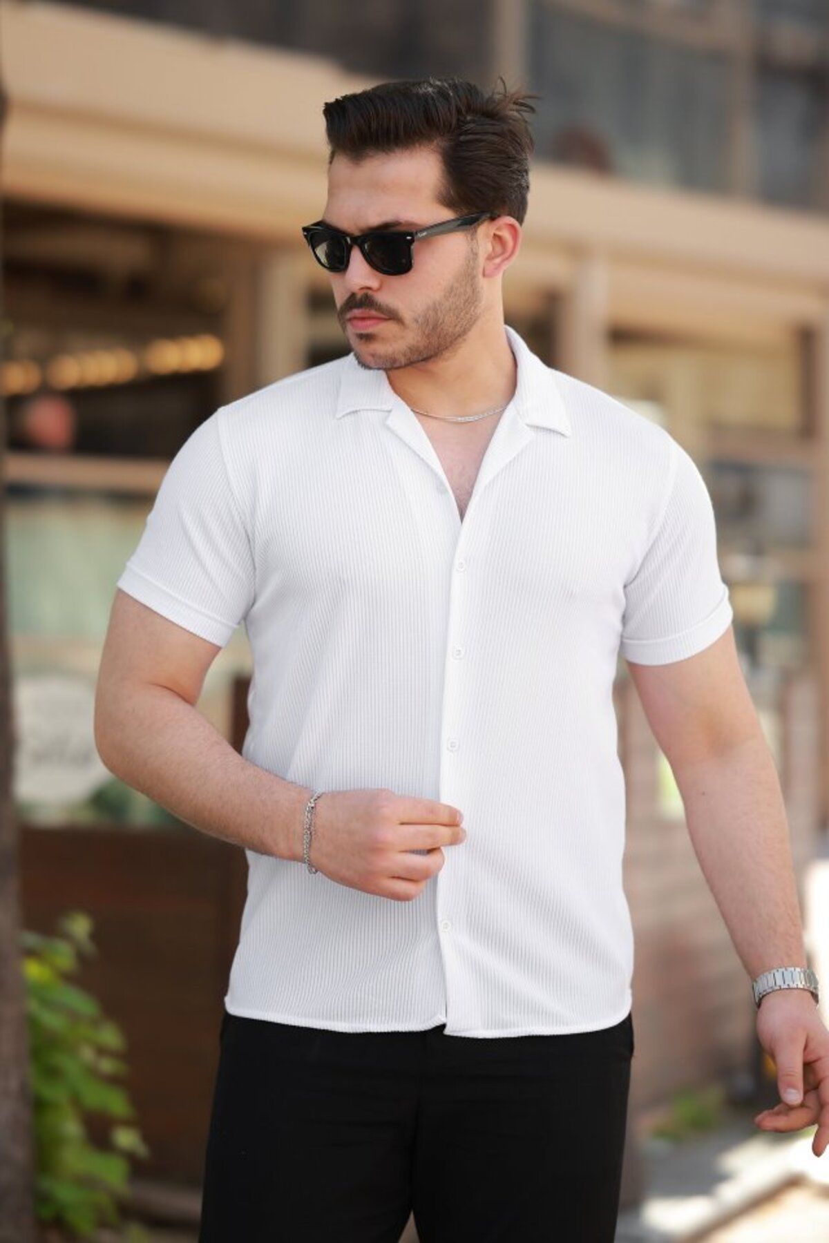 ARUZ MODA Erkek Ottoman Kumaş Apaj Yaka Kısa Kollu Gömlek