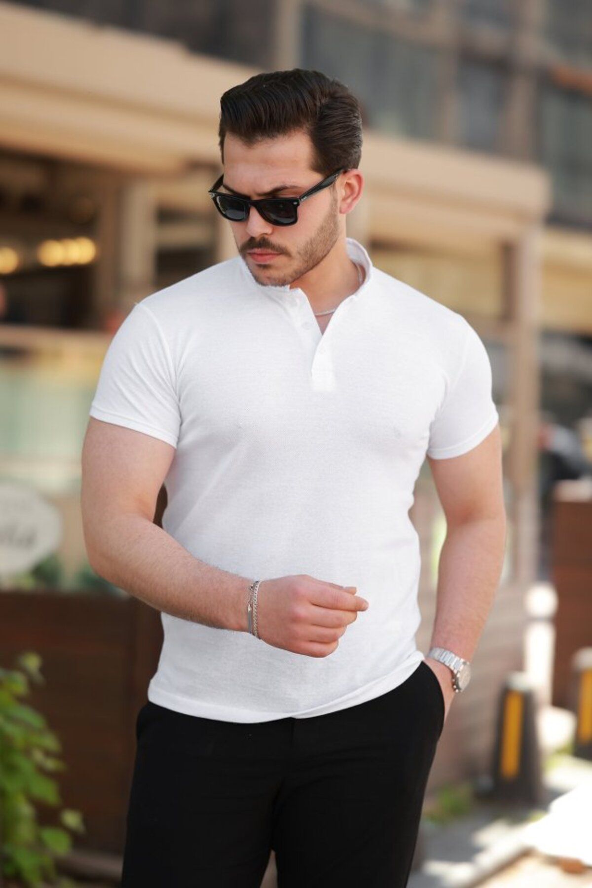 ARUZ MODA Erkek Hakim Yaka Dokuma Pamuklu Kumaş Kısa Kollu T-shirt