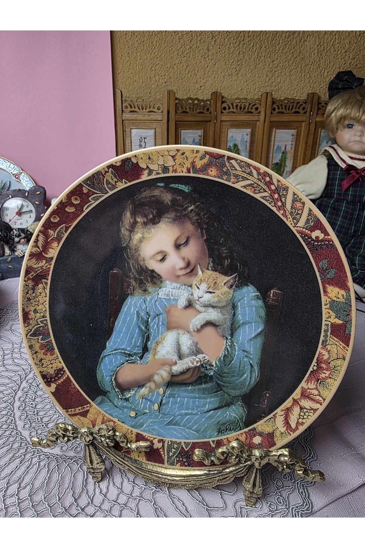 Royal Worcester Porselen çocuk ve kedi Duvar Tabagı 20 cm