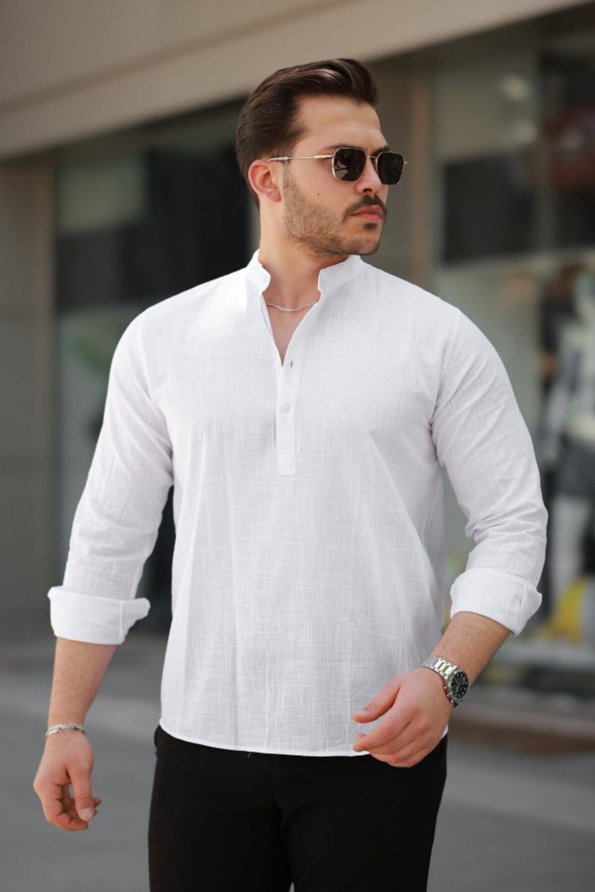 ARUZ MODA Erkek Hakim Yaka Yarım Düğmeli Keten Gömlek