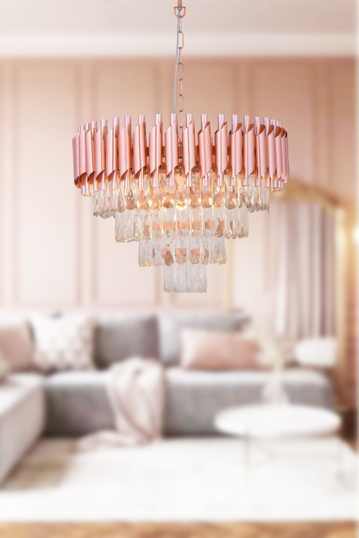 Avizemoda Palmira 50 cm'lik Kristal Taşlı Salon Oturma Odası Lüks Avize - (Rose Gold)