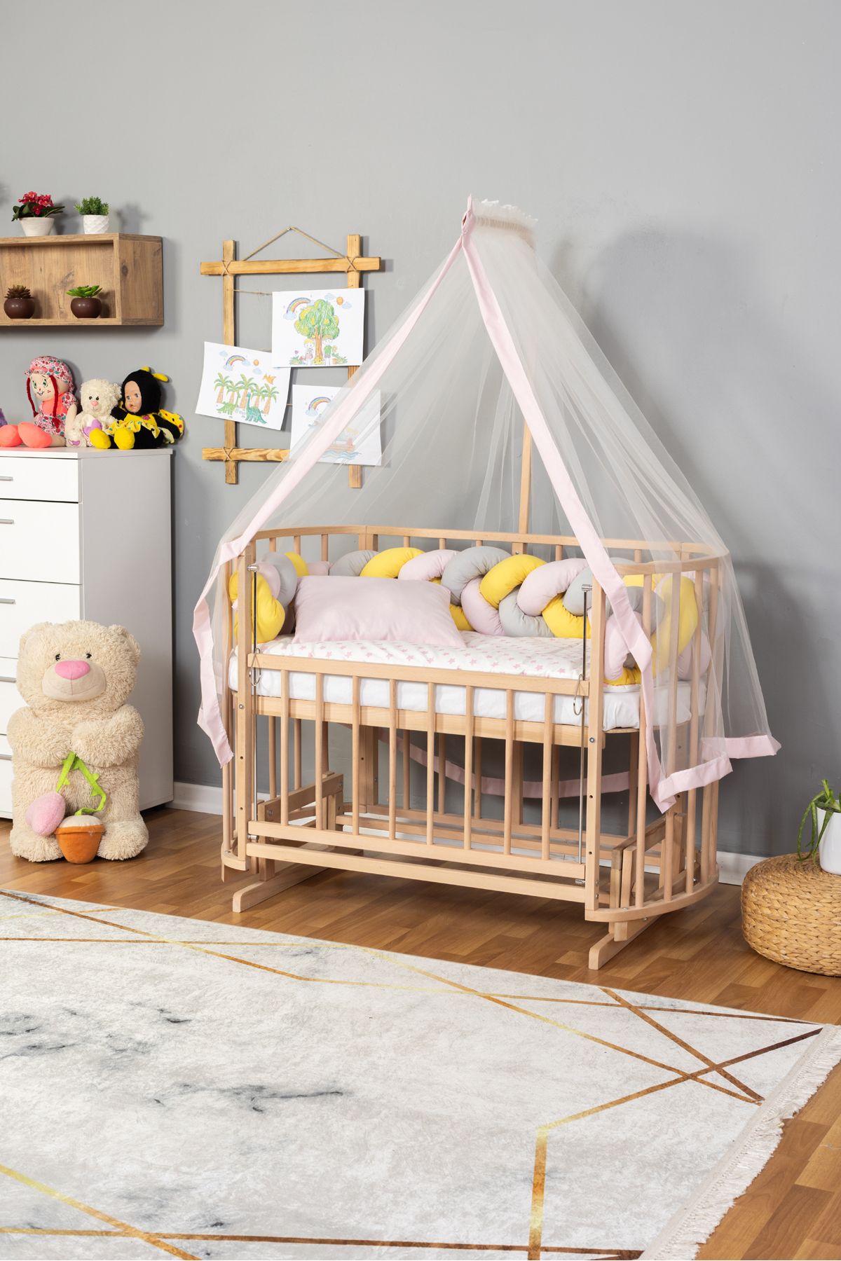 Carino Wins Ahşap Beşik Anne Yanı Yeni Doğan Papatya Organik Bebek Beşiği PEMBE SARI ÖRGÜ UYKU SETLİ