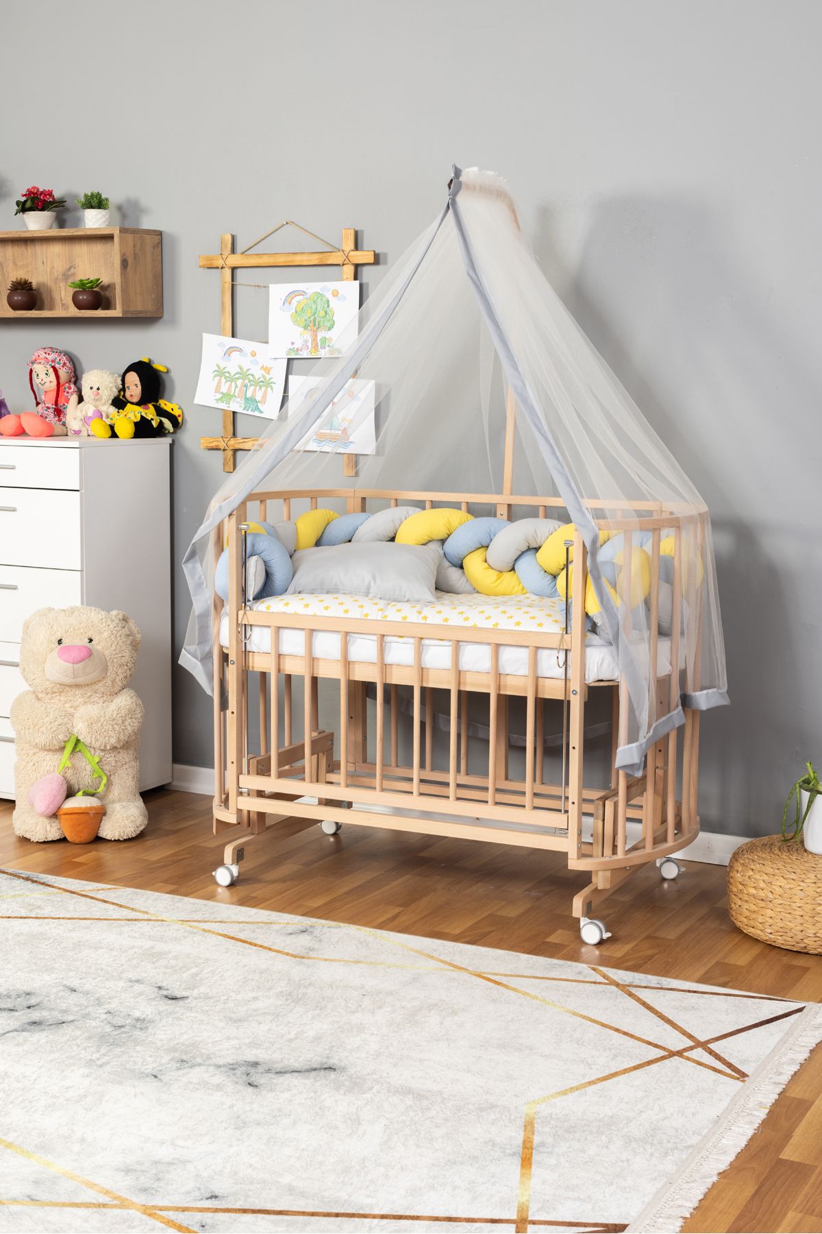 Carino Wins Ahşap Beşik Anne Yanı Yeni Doğan Papatya Organik Bebek Beşiği SARI MAVİ ÖRGÜ UYKU SETLİ+TEKER
