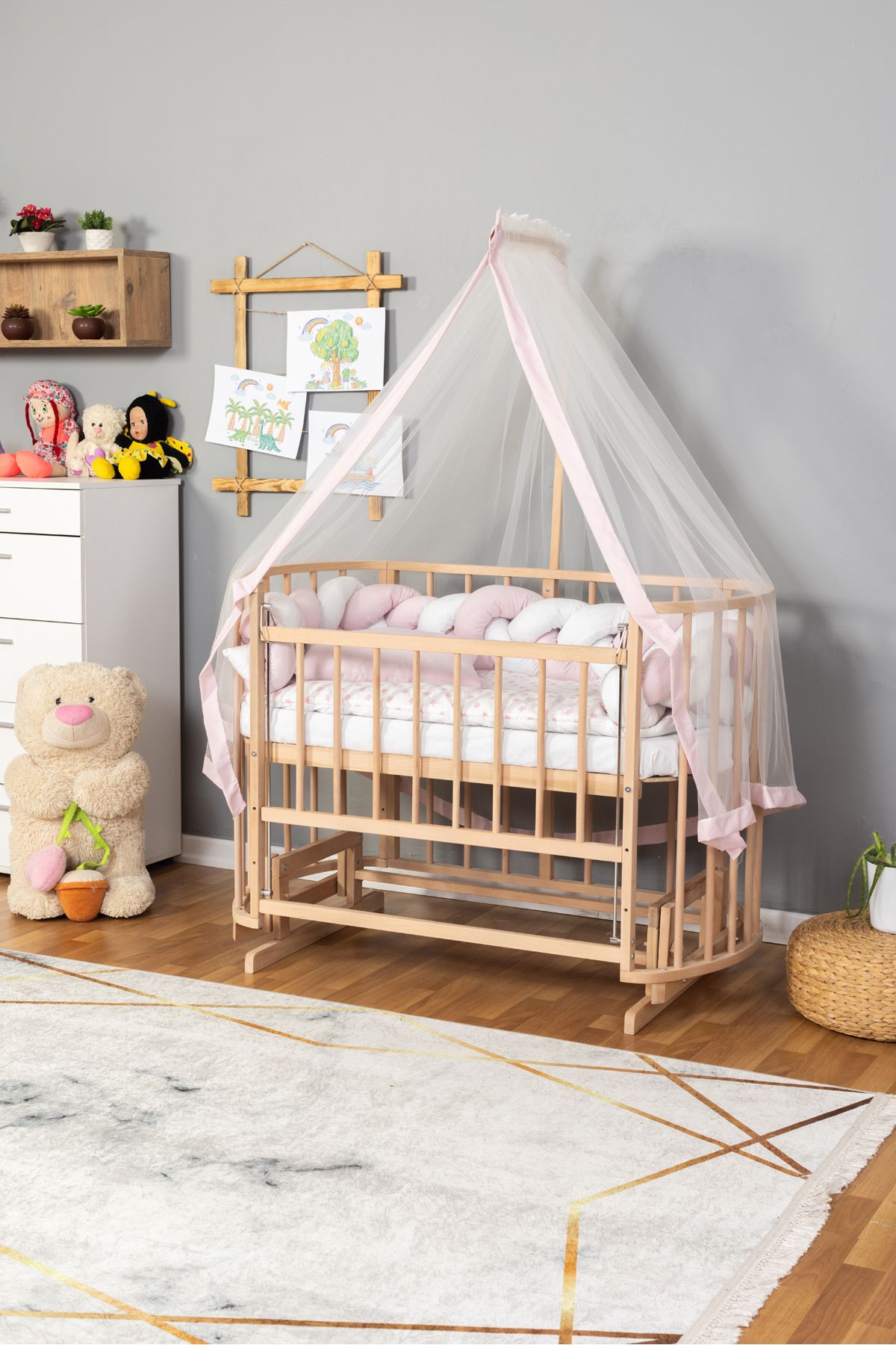 Carino Wins Ahşap Beşik Anne Yanı Yeni Doğan Papatya Organik Bebek Beşiği PEMBE BEYAZ ÖRGÜ UYKU SETLİ