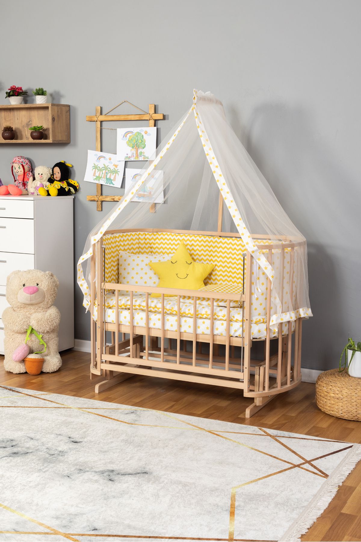 Carino Wins Ahşap Beşik Anne Yanı Yeni Doğan Papatya Organik Bebek Beşiği SARI YILDIZ UYKU SETLİ