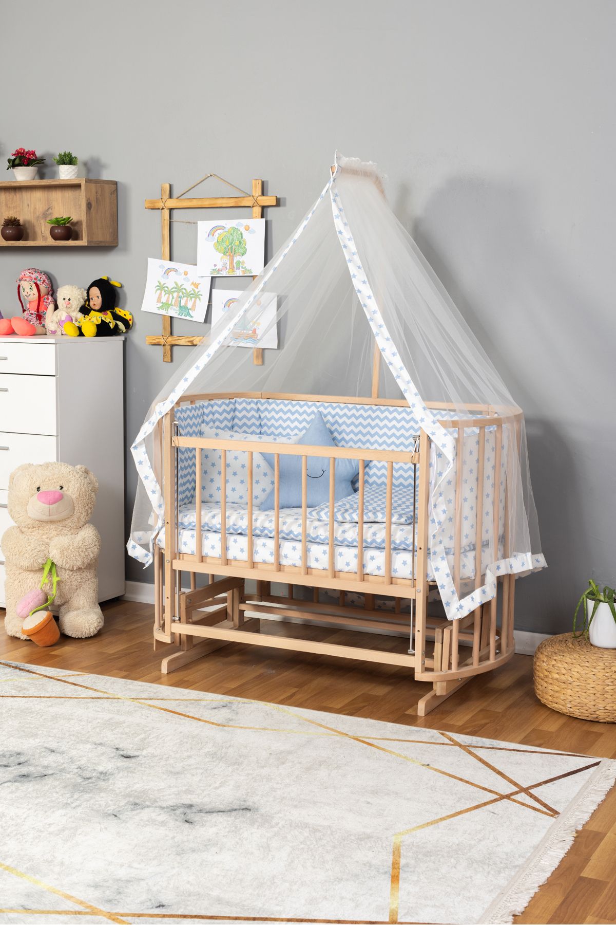 Carino Wins Ahşap Beşik Anne Yanı Yeni Doğan Papatya Organik Bebek Beşiği MAVİ YILDIZ UYKU SETLİ