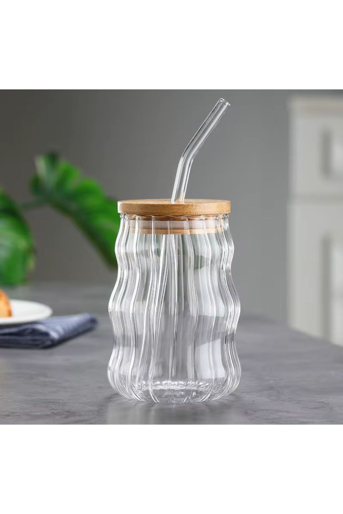 BKC HOME Bambu Kapaklı Cam Pipetli Kahve Bardağı Isıya Dayanıklı Ice Latte Bardak Cam Sunum Bardağı 400ml