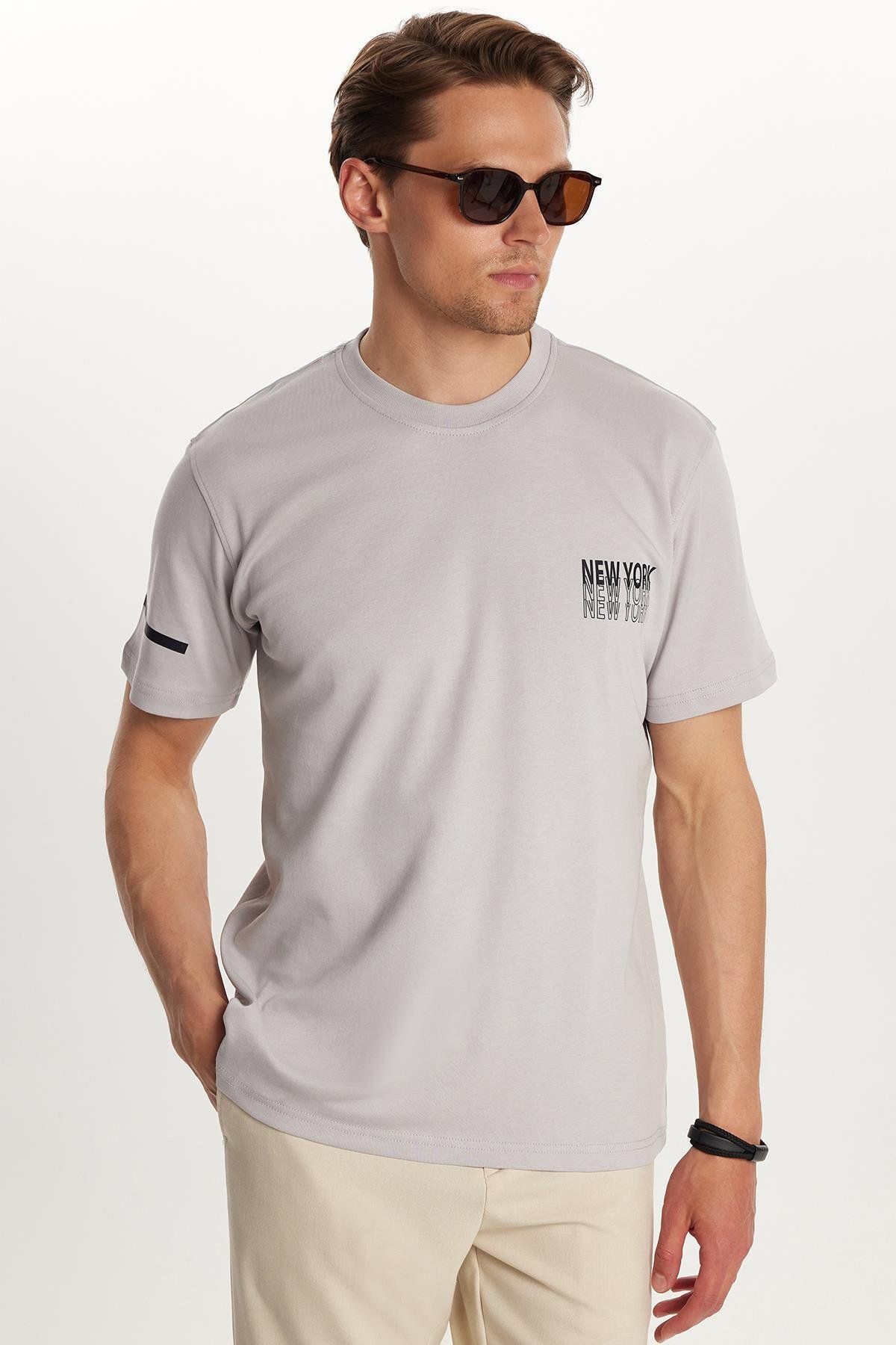 Tudors Erkek Slim Fit Dar Kesim Pamuklu Düz Basic Baskılı Bisiklet Yaka Gri Tişört
